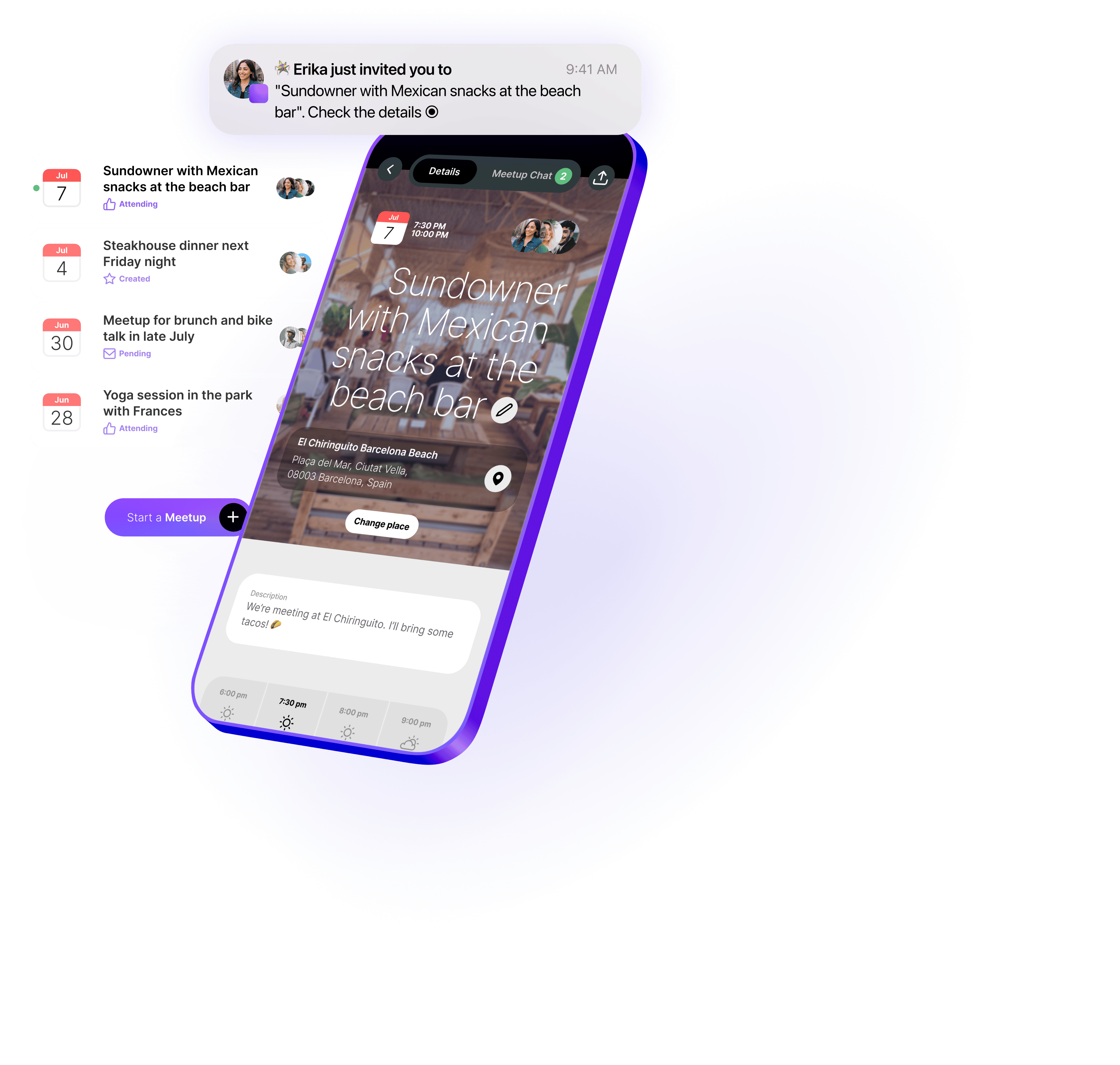 App screen showing a meetup list and a meetup detail page