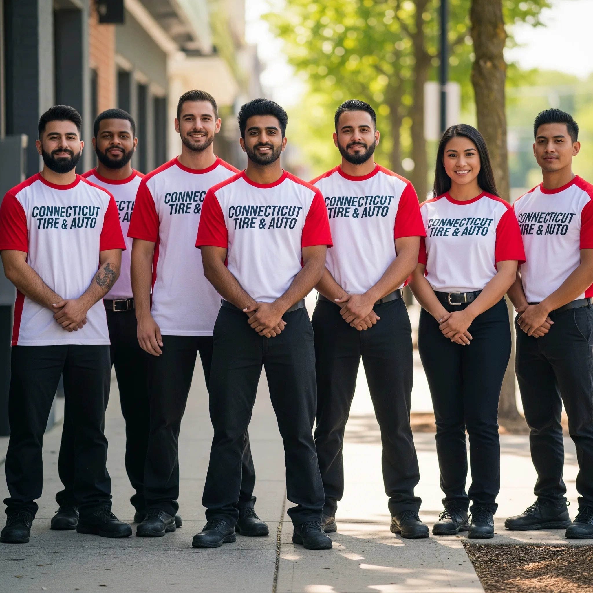 A group of six employees in matching red and white shirts, posing outdoors in front of a tire and auto service shop.