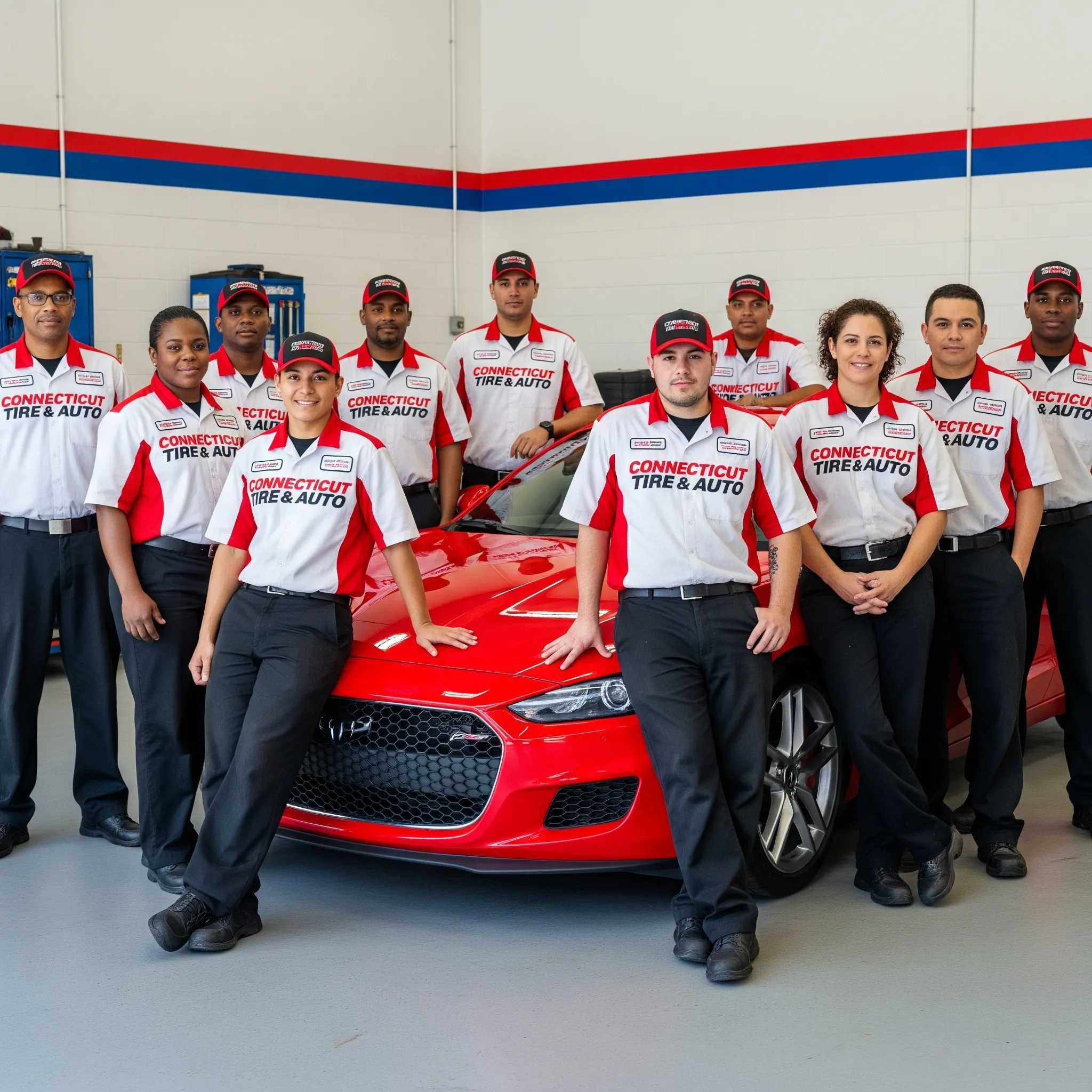 A team of mechanics in red and white uniforms stands proudly by a red sports car in an auto shop.