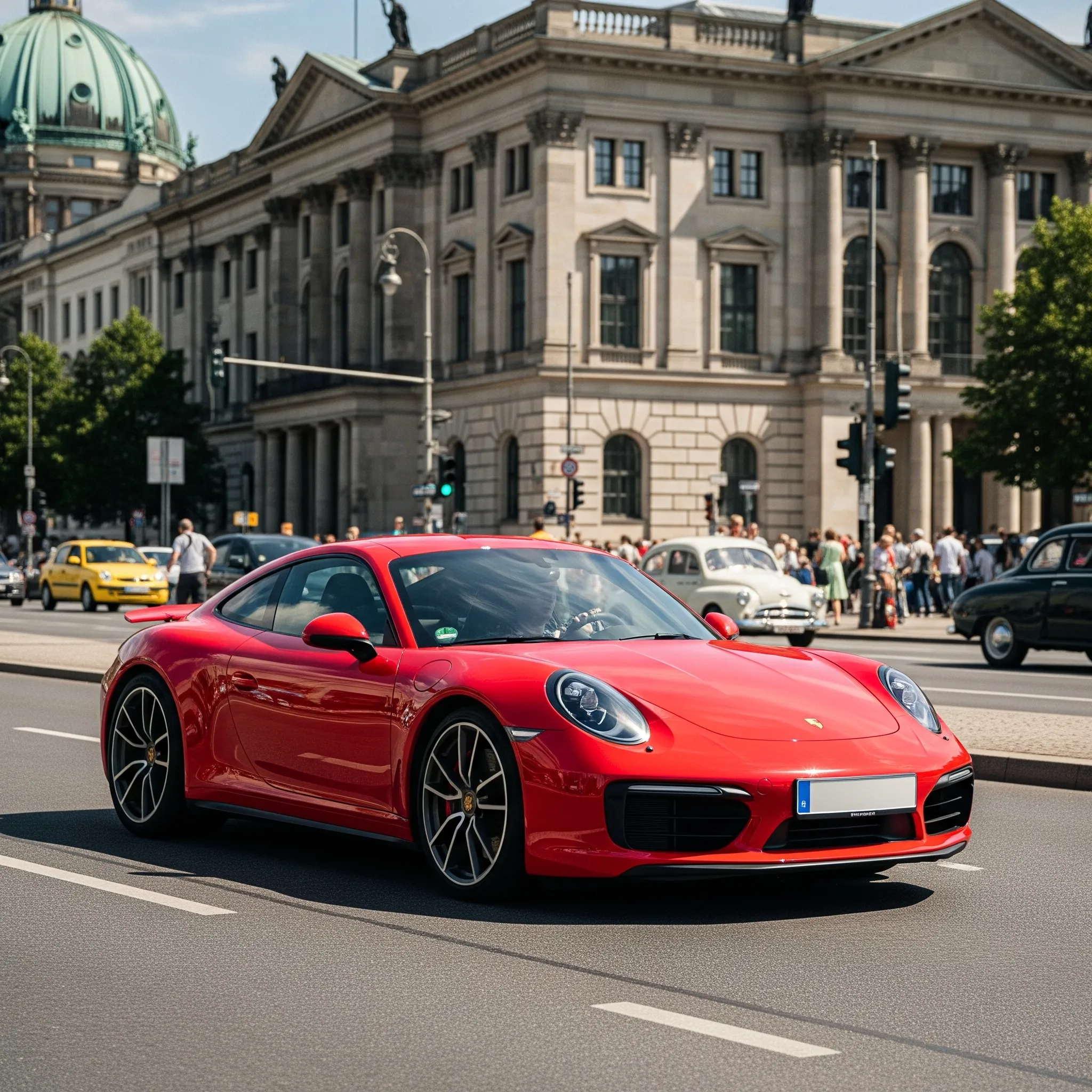 A sleek red sports car drives past a busy city street with historic buildings and pedestrians in the background.