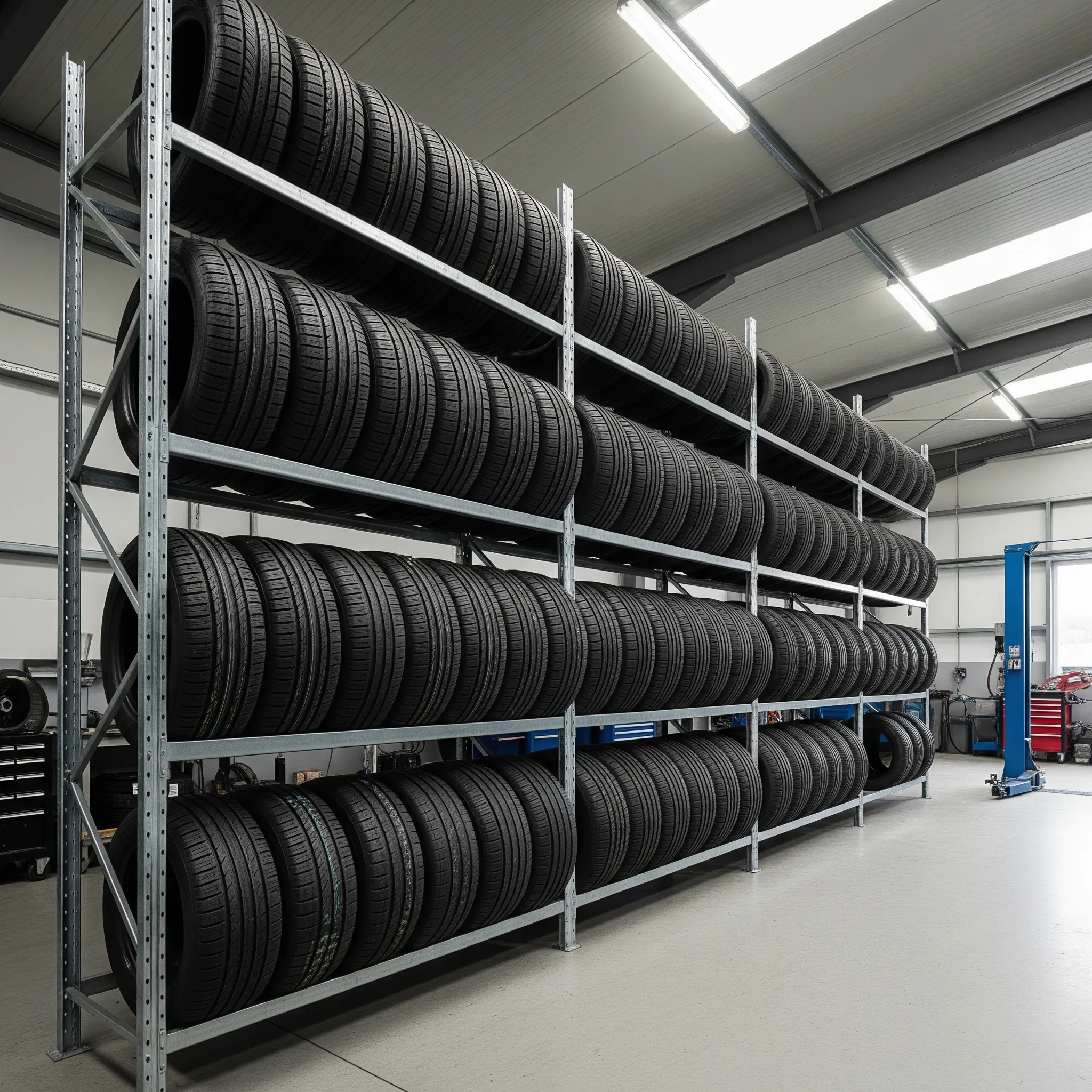 A neatly arranged shelving unit displays rows of black tires in a garage setting.