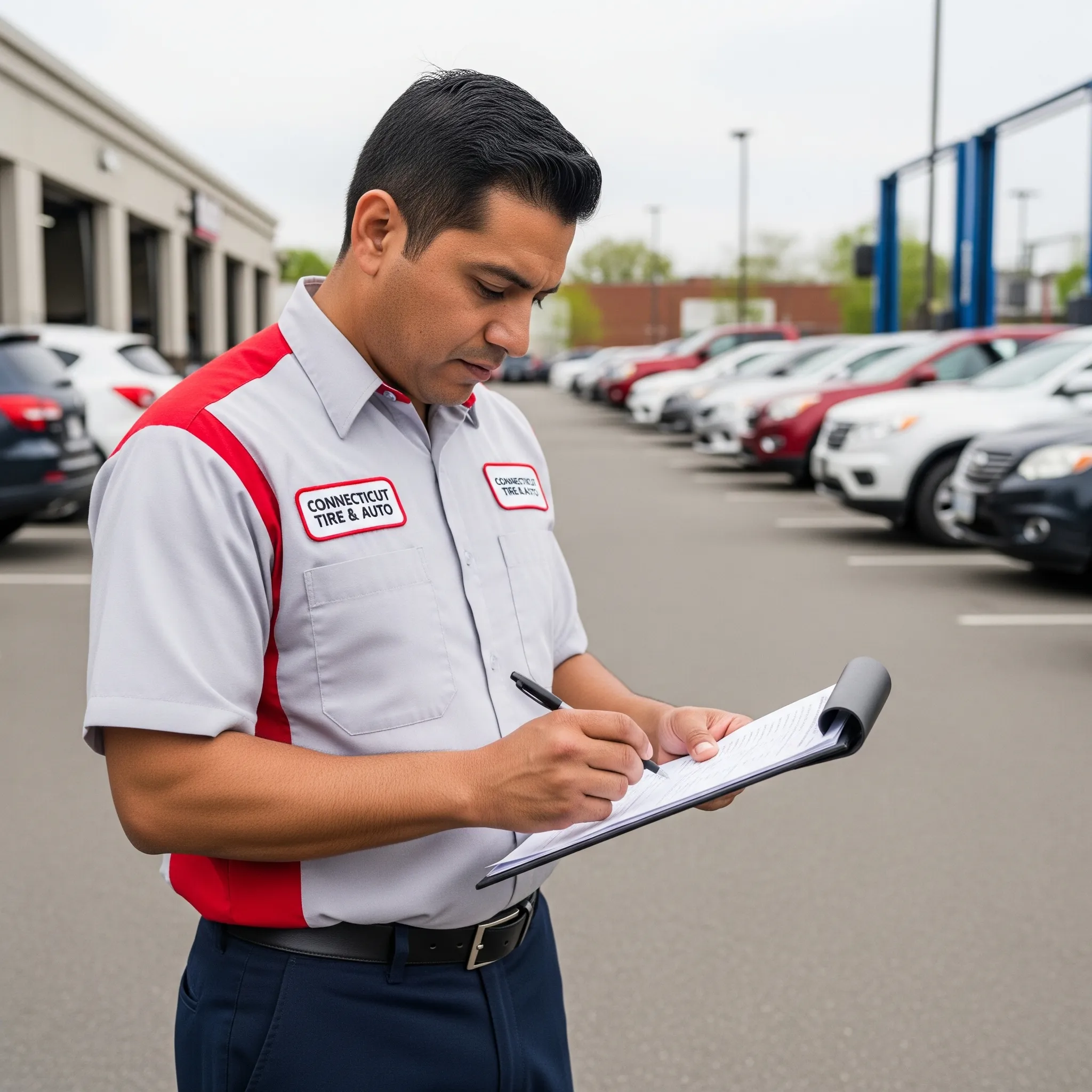 A service technician in a grey shirt with red accents notes details on a clipboard beside a parking lot of cars.