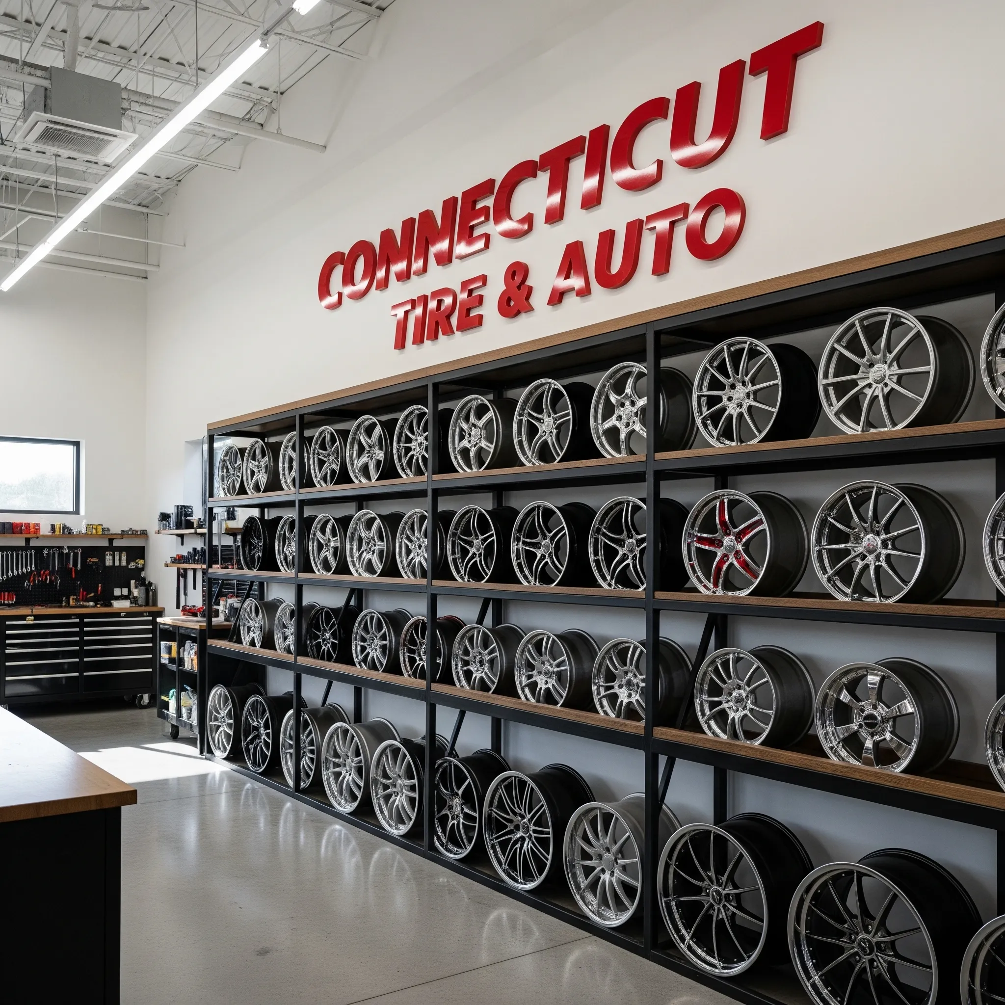 A tire and auto shop featuring a wall of stylish wheels and tools, with a prominent sign above.