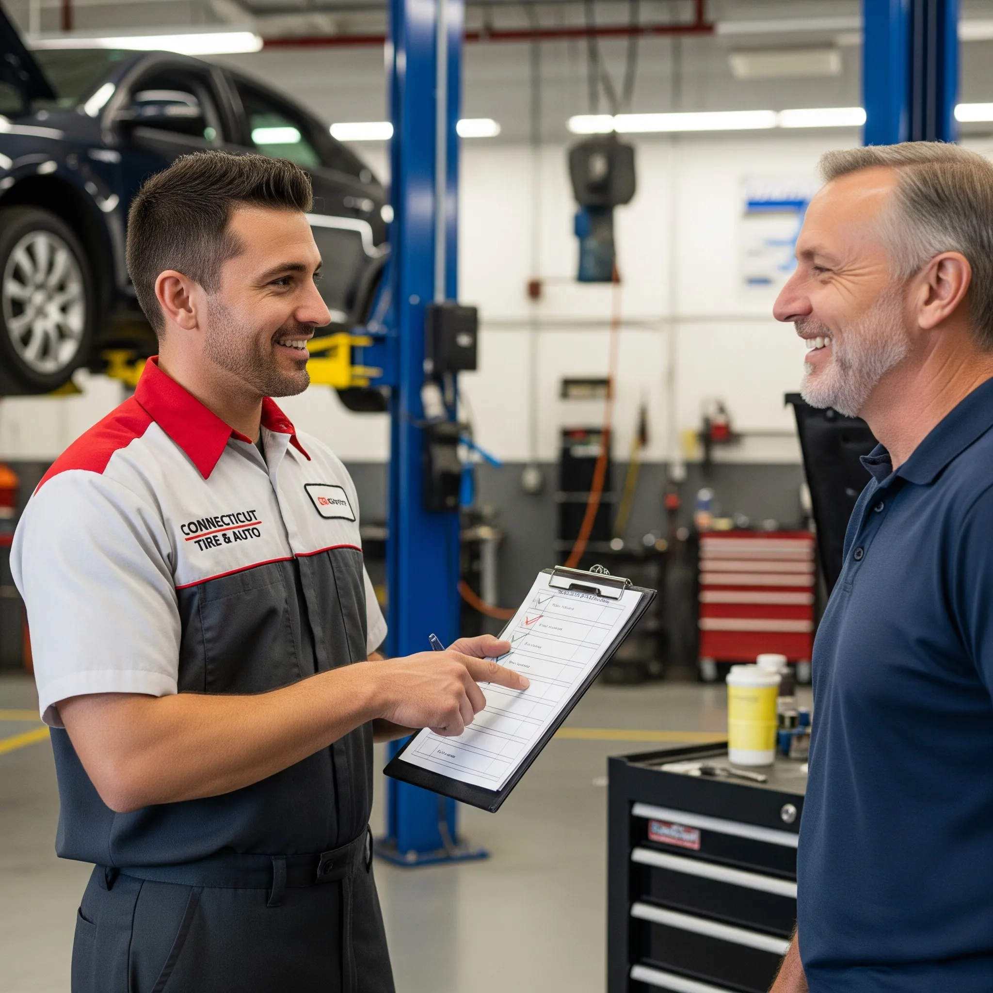 A mechanic discusses a checklist with a customer in an auto repair shop, with cars on lifts in the background.