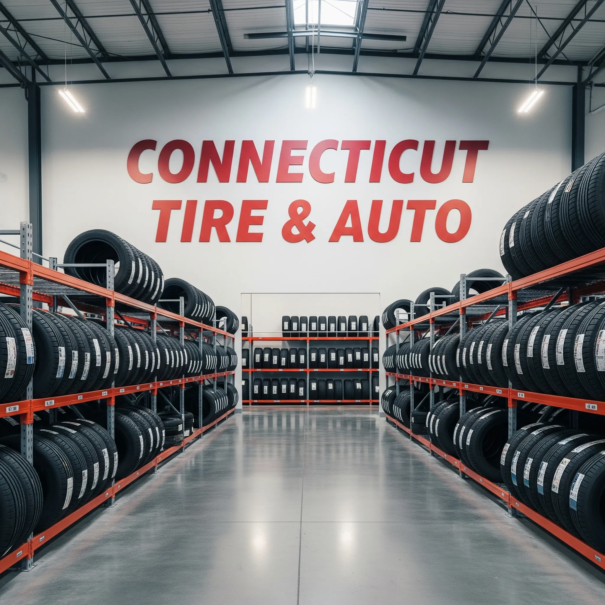 Interior view of Connecticut Tire & Auto, showcasing neatly arranged tire shelves and bold red signage.
