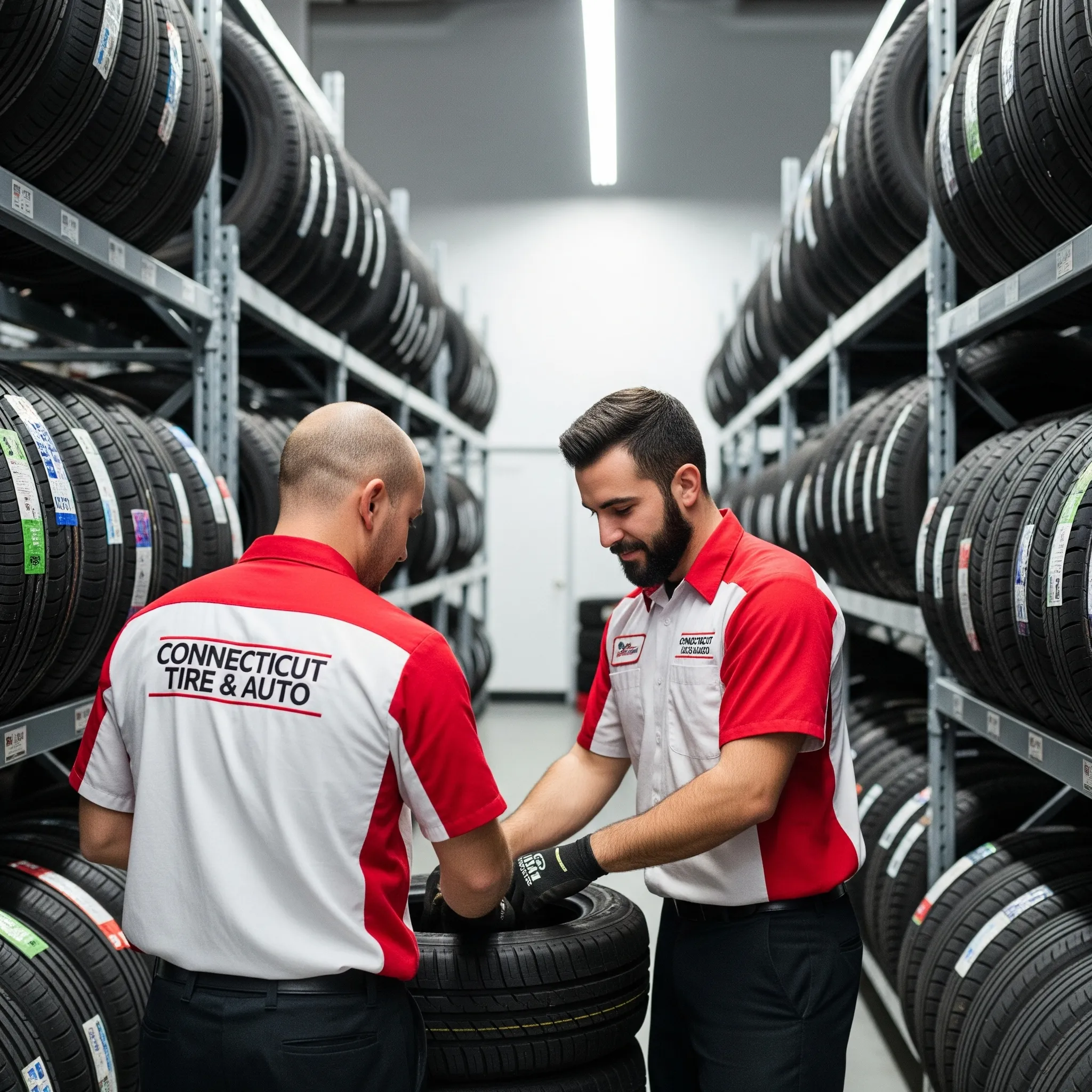 Two employees at Connecticut Tire & Auto examine a tire in a well-organized storage area filled with tires.