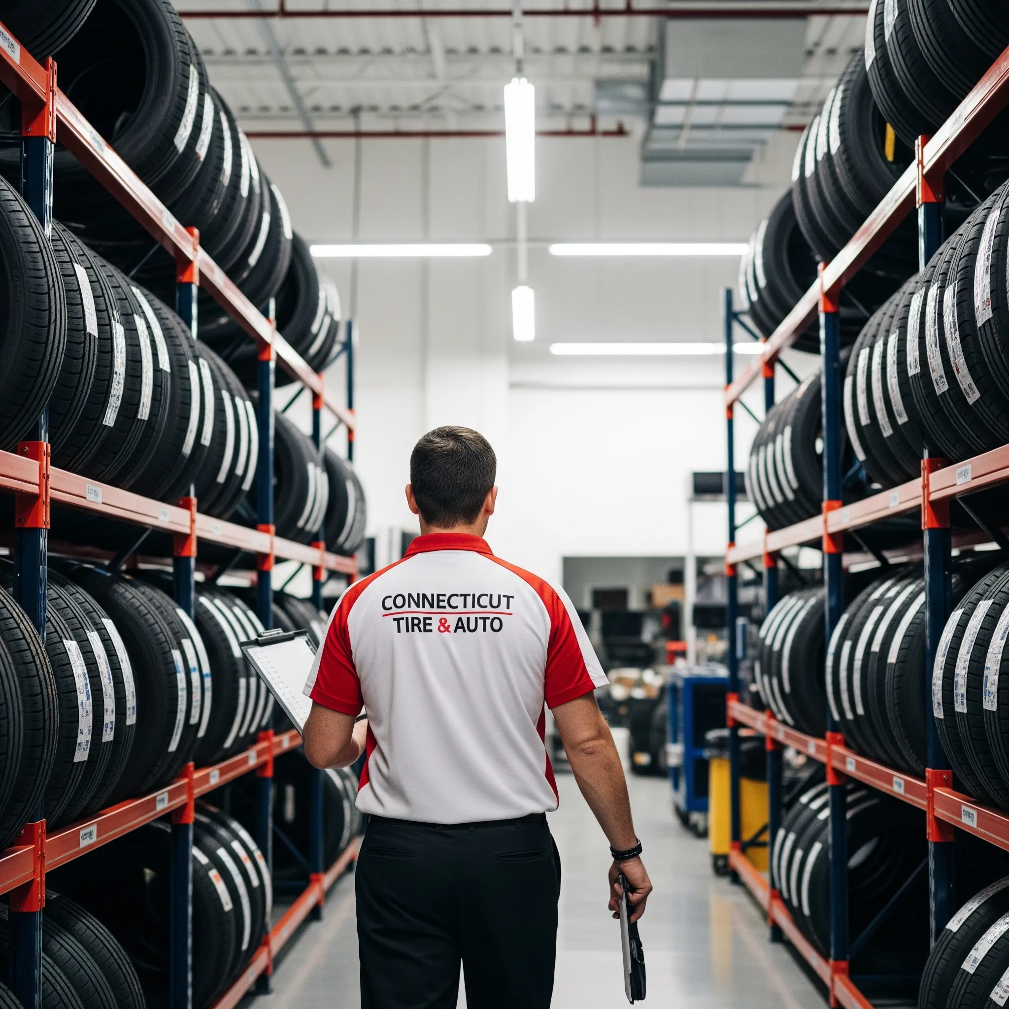 A worker in a red and white uniform inspects tire inventory in a well-organized warehouse filled with shelves.