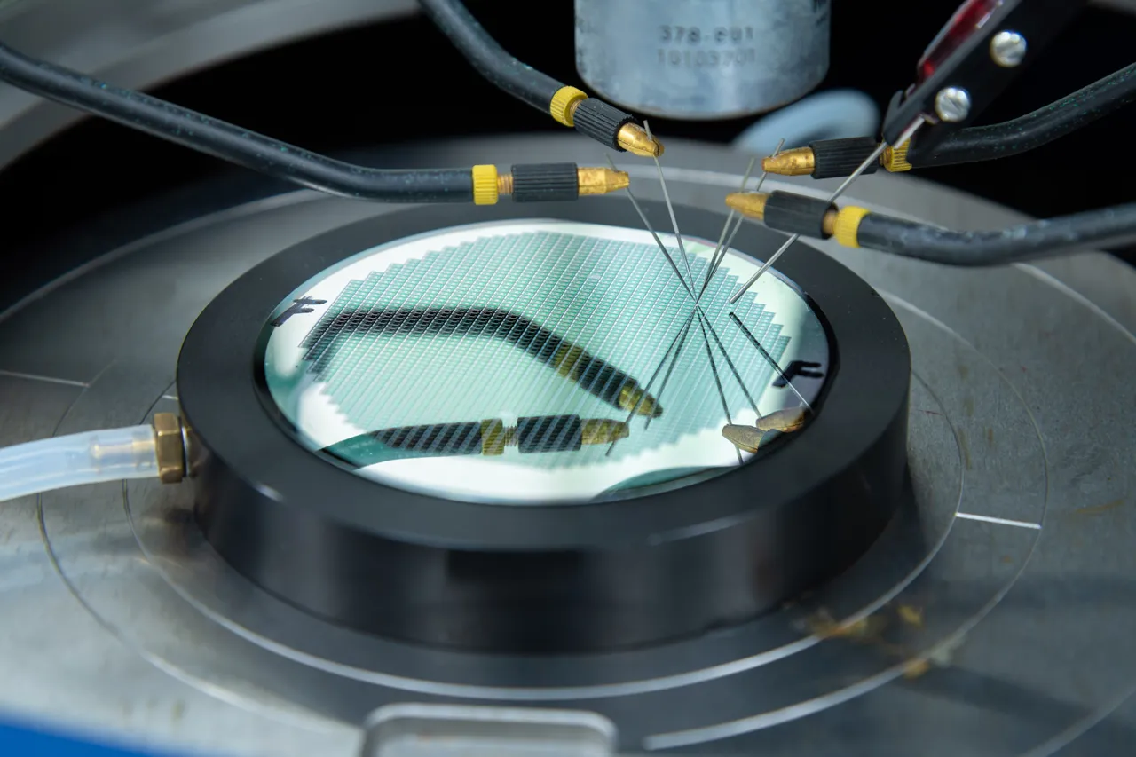 A microchip wafer in Millar’s microfoundry.