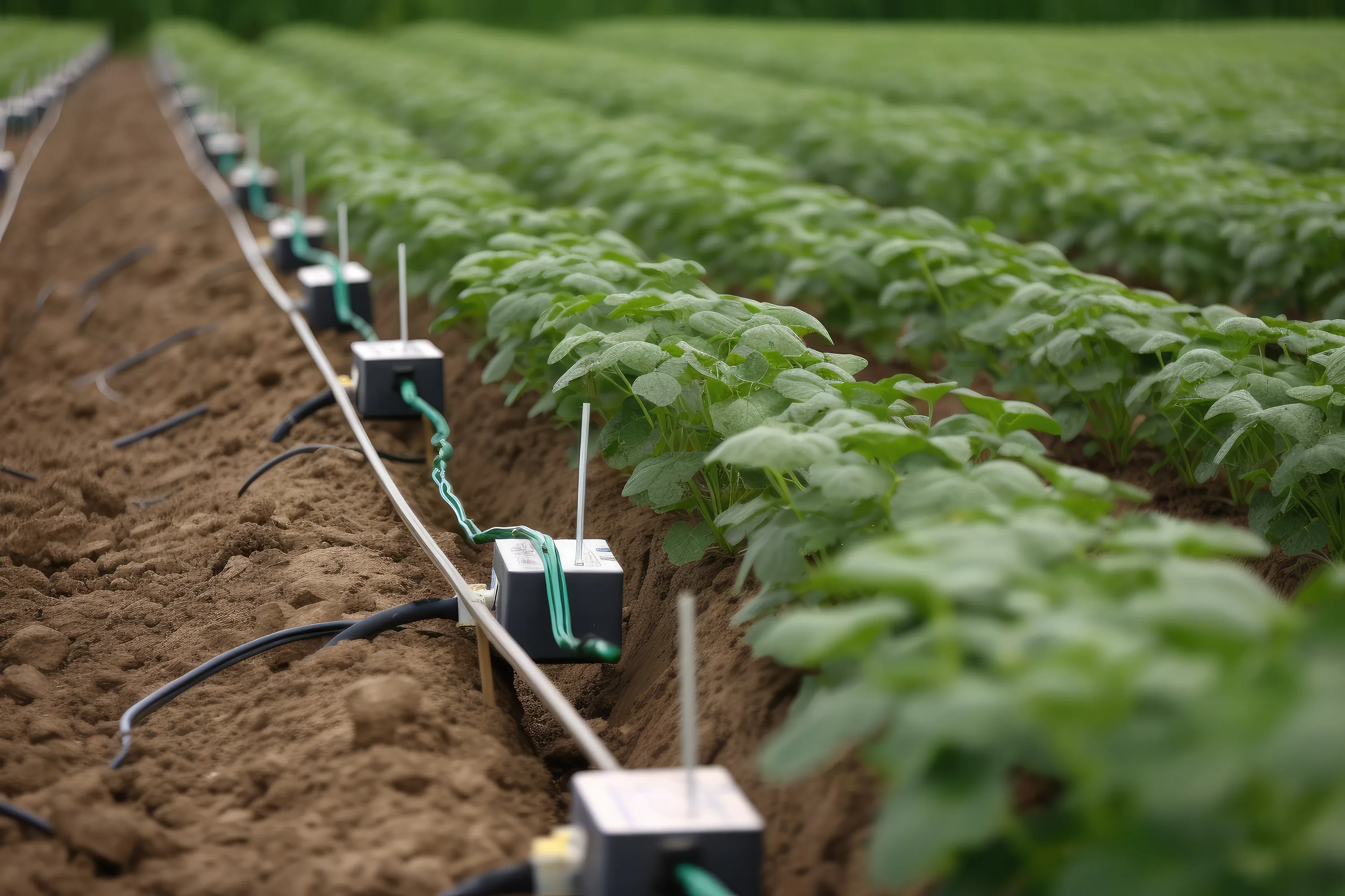 A row of devices using Millar’s oxidation-reduction potential (ORP) sensing technology and being used to monitor soil health in a field.