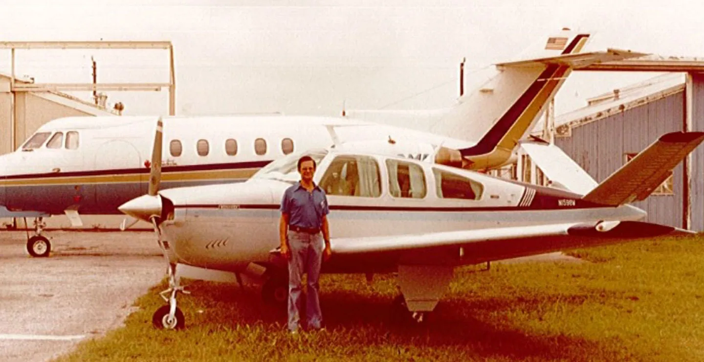 Millar founder, Huntly Millar, standing next to a plane, circa late 1960s, when he designed Millar’s first catheter-tip transducer.