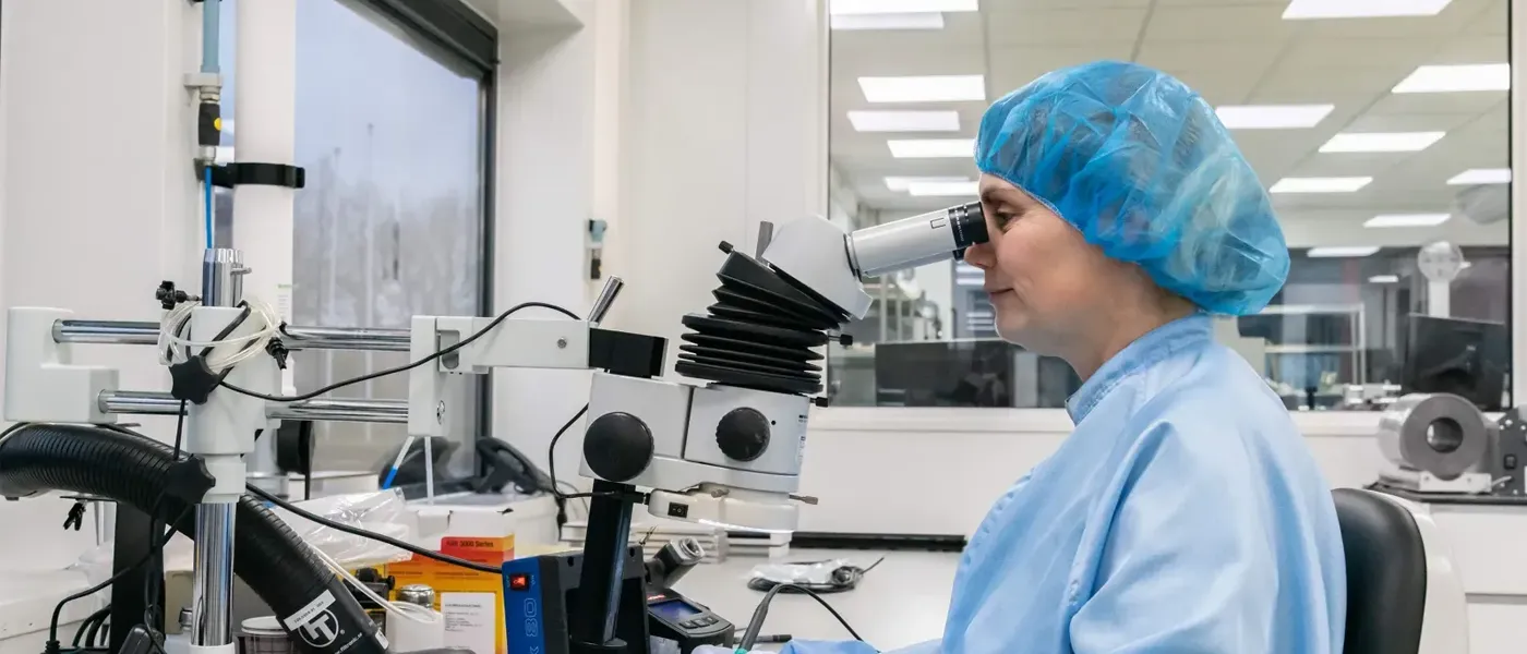 A Millar employee uses a microscope to work on an electrical conductivity sensor.