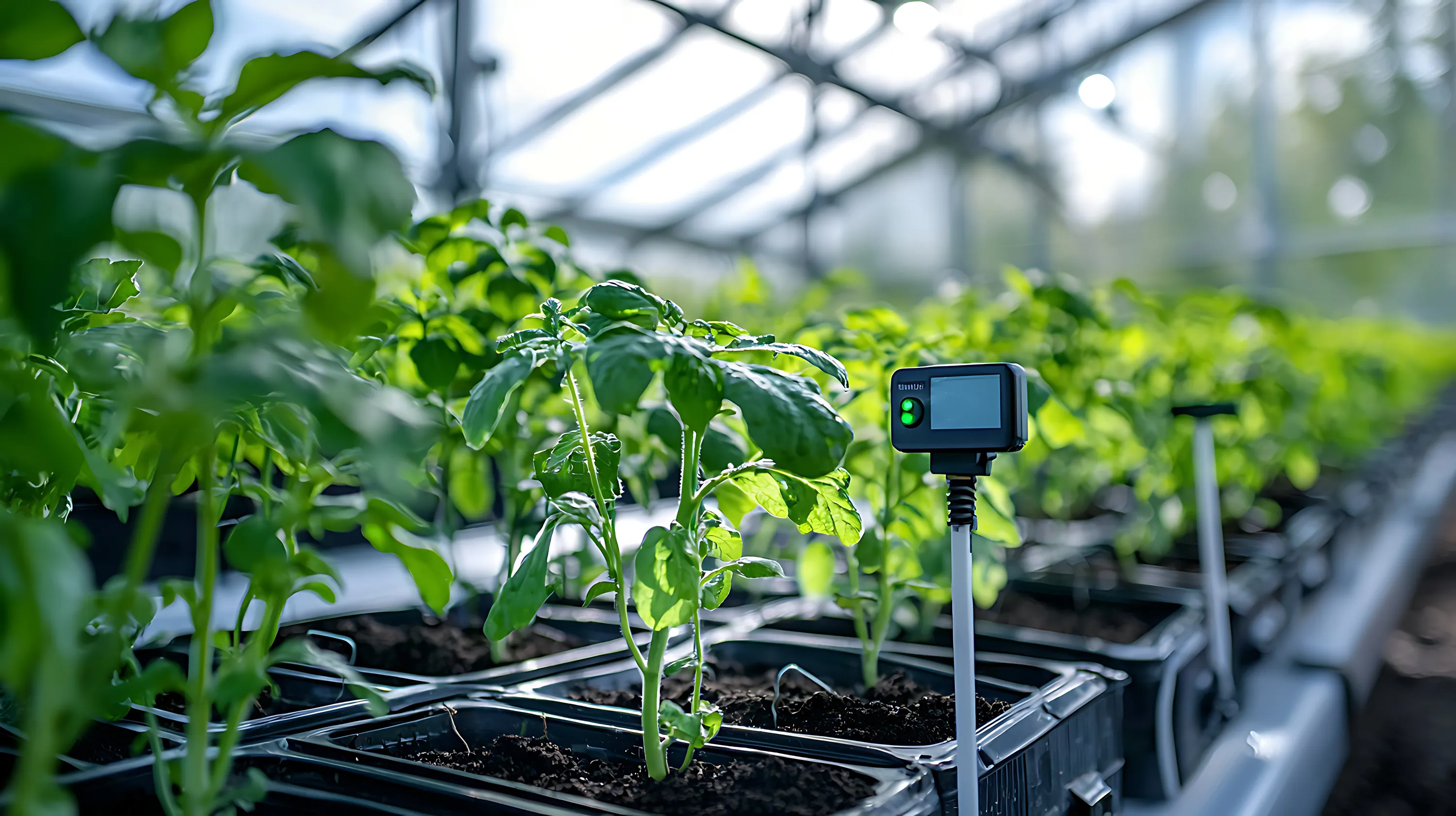 A soil monitoring devices using Millar sensing technology in a greenhouse.