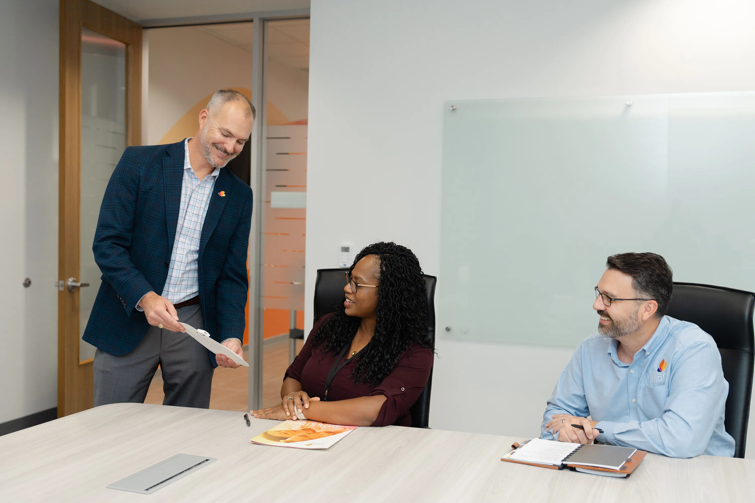 Millar employees meet at Millar headquarters in Pearland, Texas. 