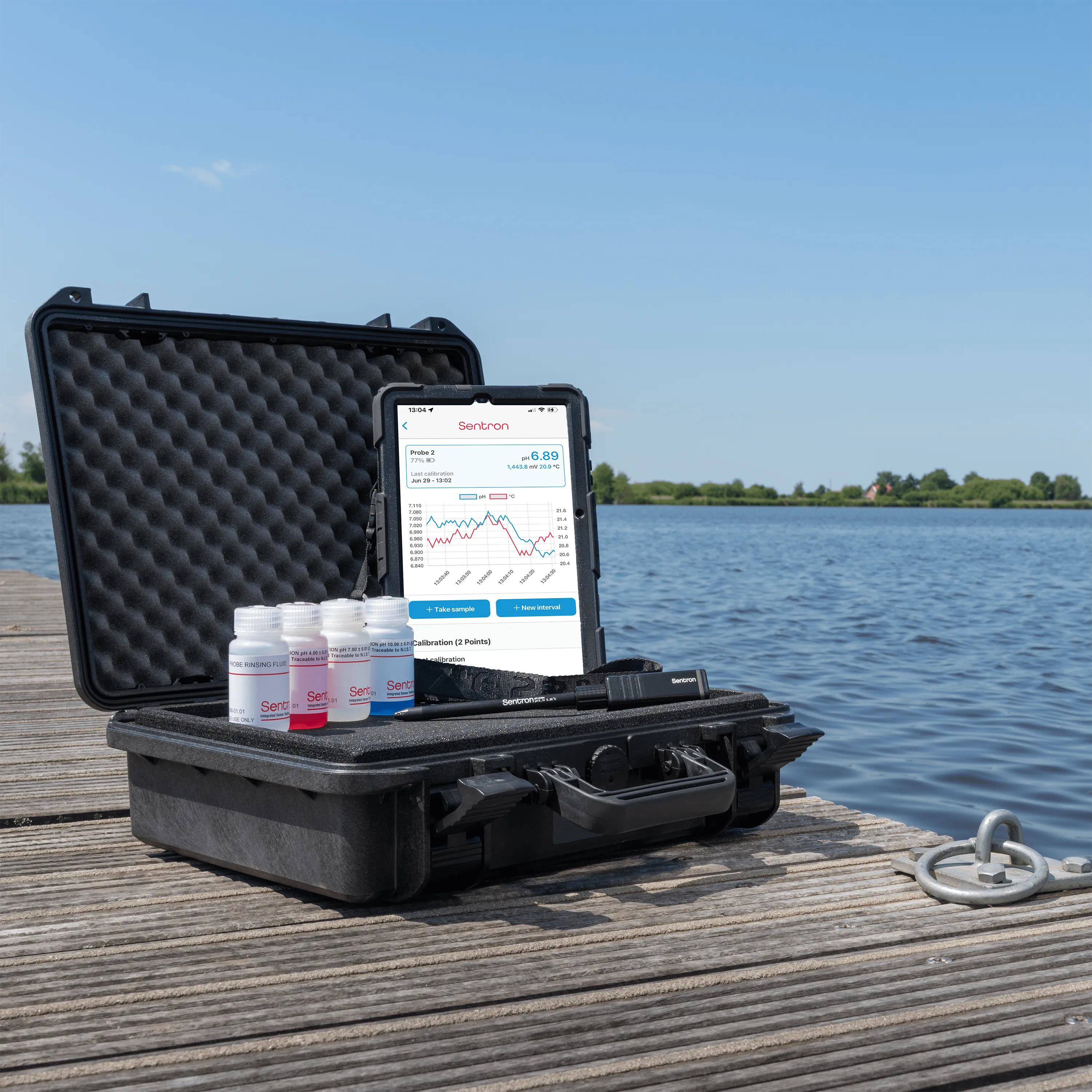 Millar’s ISFET pH sensor R&D kit on a wooden dock near a lake. 