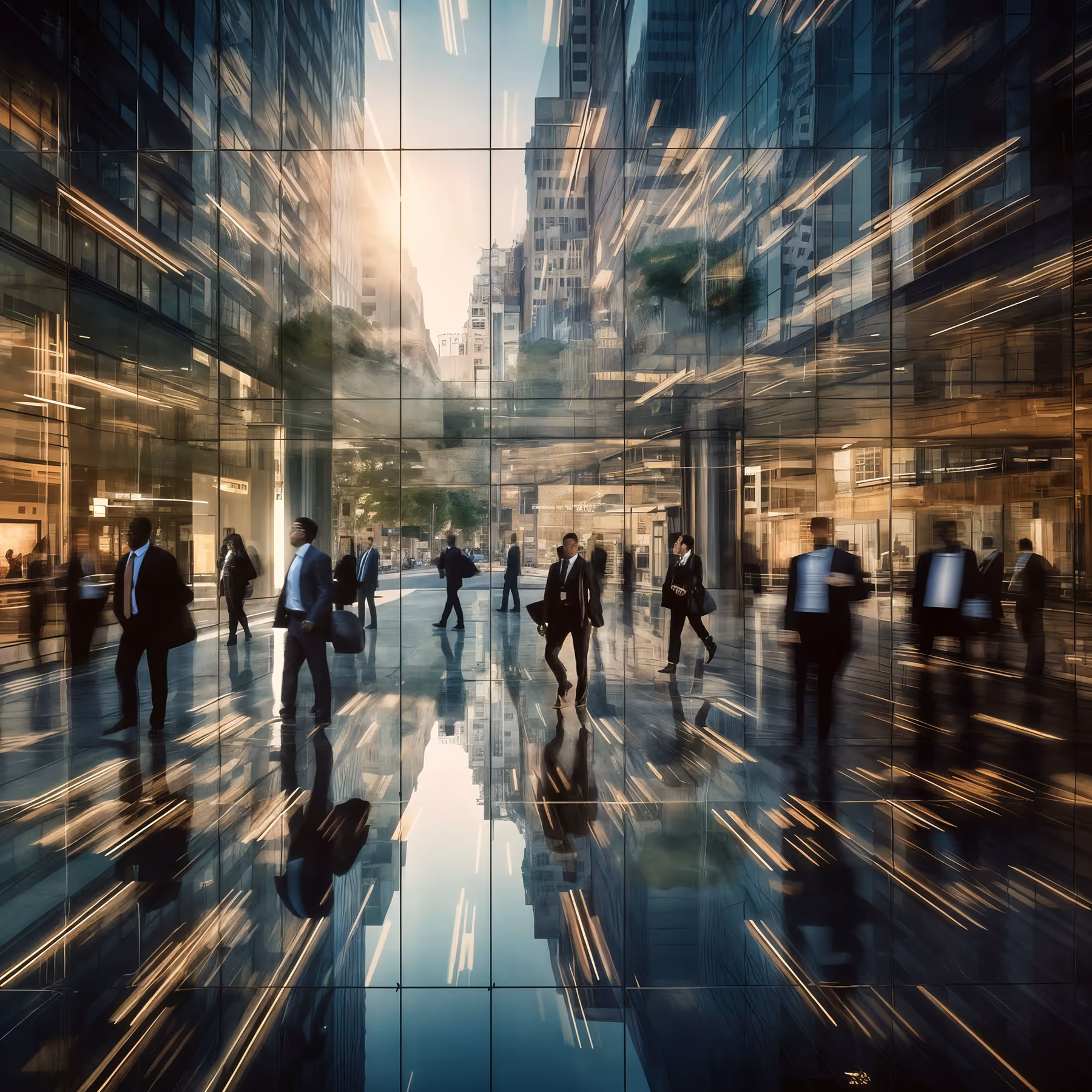 A blurry photo of a group of people walking in an office building.