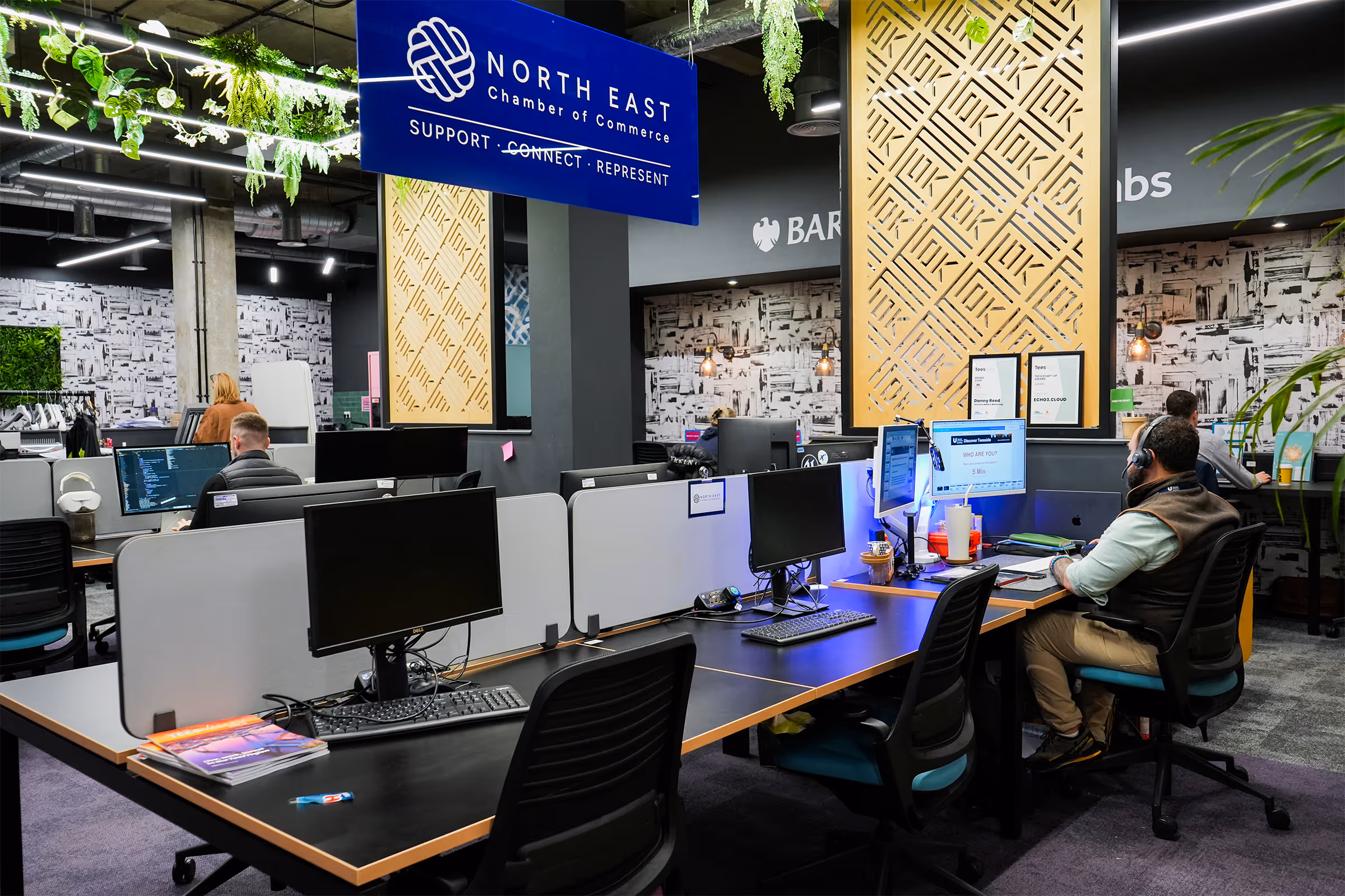 Modern coworking space with people working at computer desks, a sign for North East Chamber of Commerce, and hanging plants.