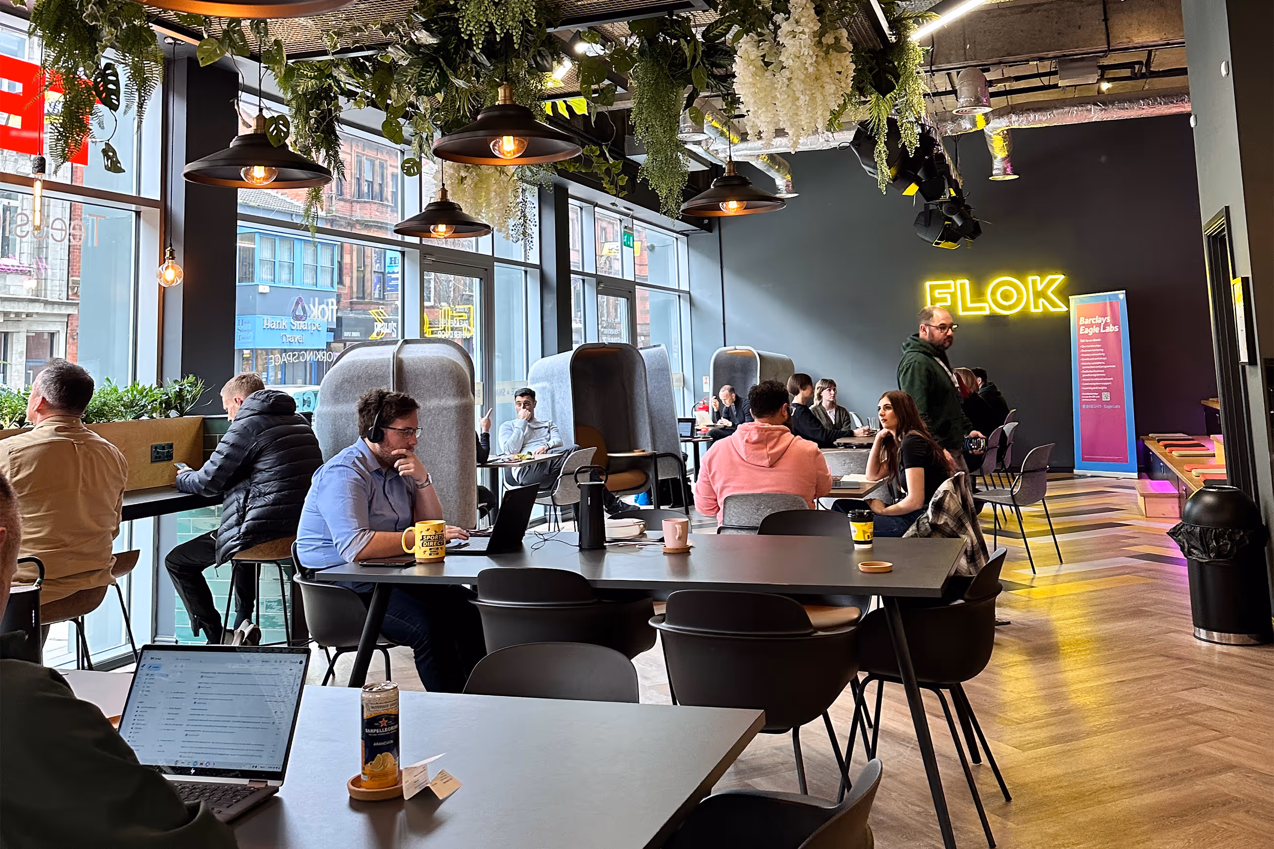 People working and chatting in a modern café with hanging plants, gray booths, and large windows.