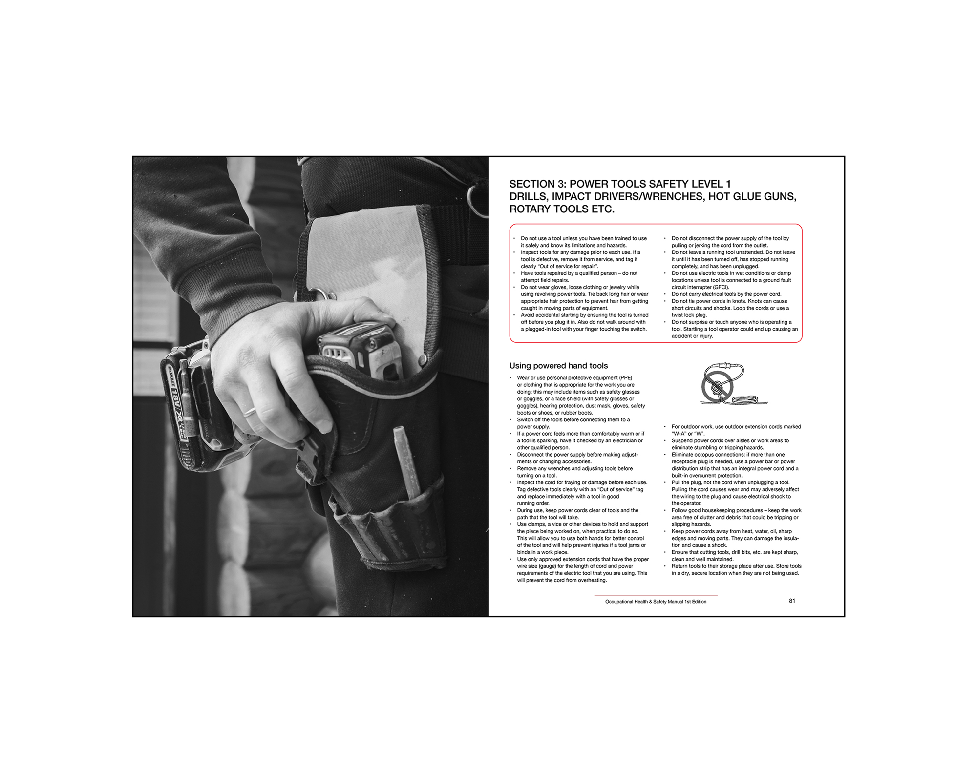 Sample spread from Canadian Tire safety manual, featuring a toolbelt with a drill.