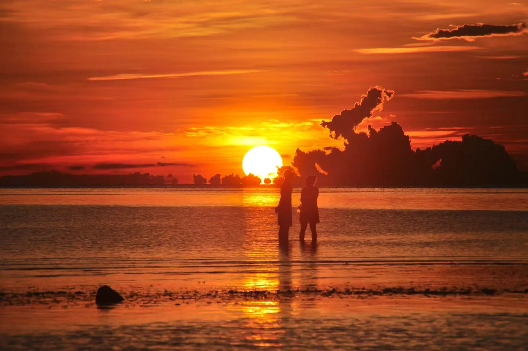 A couple stands close to each other in the shallow tides facing the setting sun