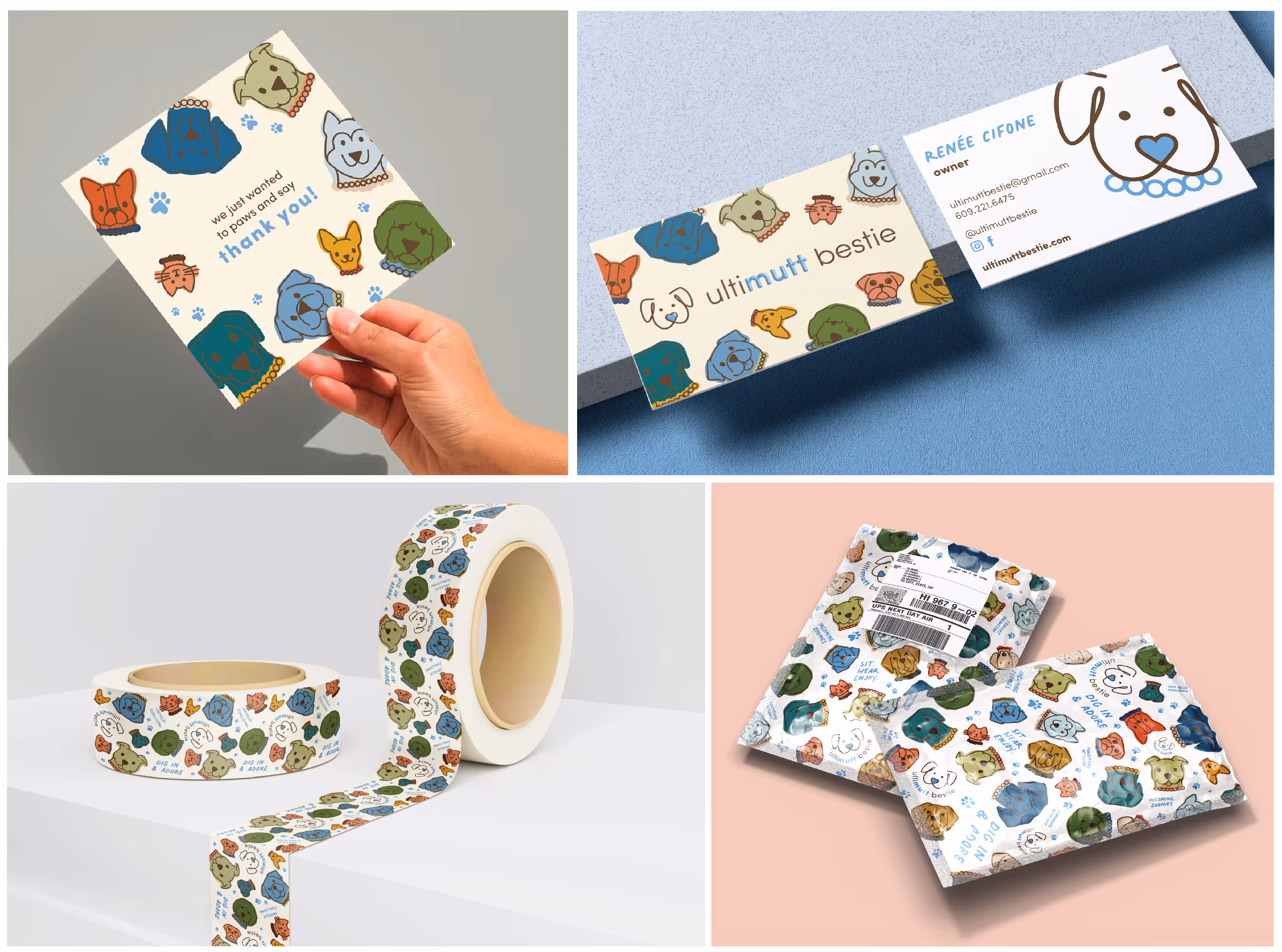 mockups of marketing material, such as, business cards, thank you cards, packaging tape, and polymailers