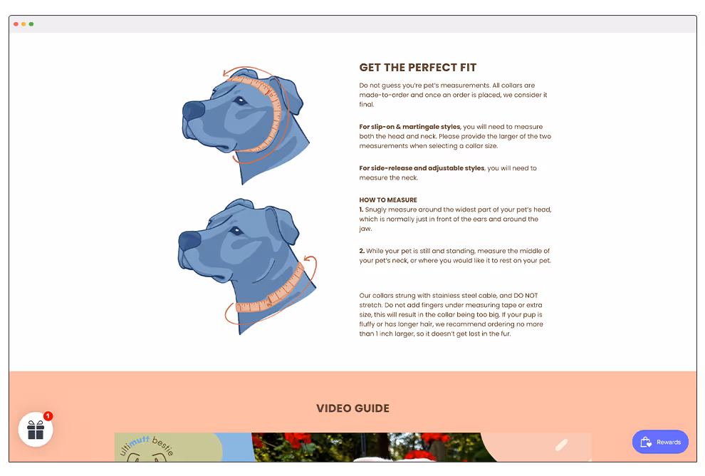 Screenshot of Size guide page, the Get the Perfect fit Section which includes an illustrated diagram of a dog being measured