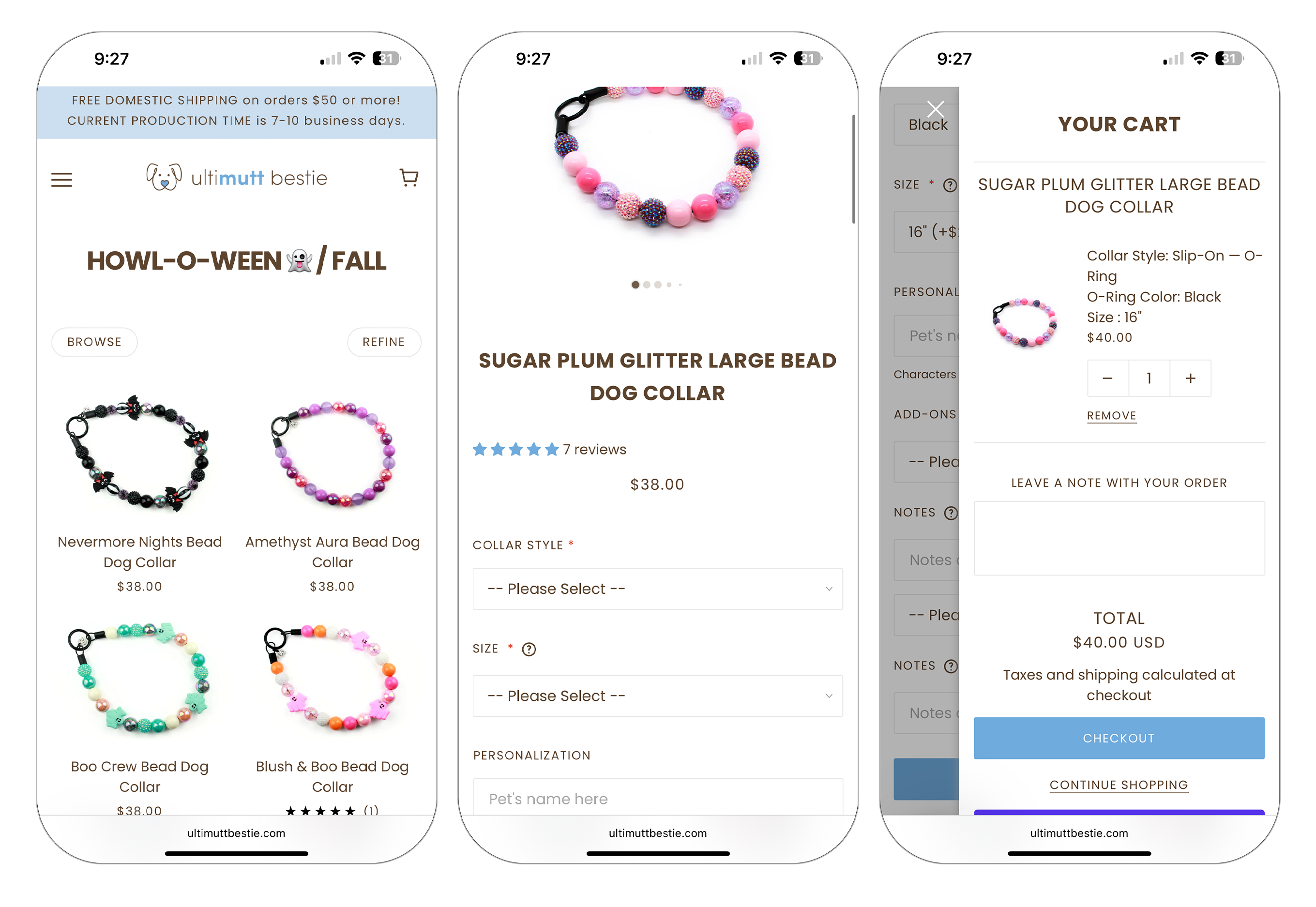 iPhone Mockups showing product pages and cart on e-commerce website