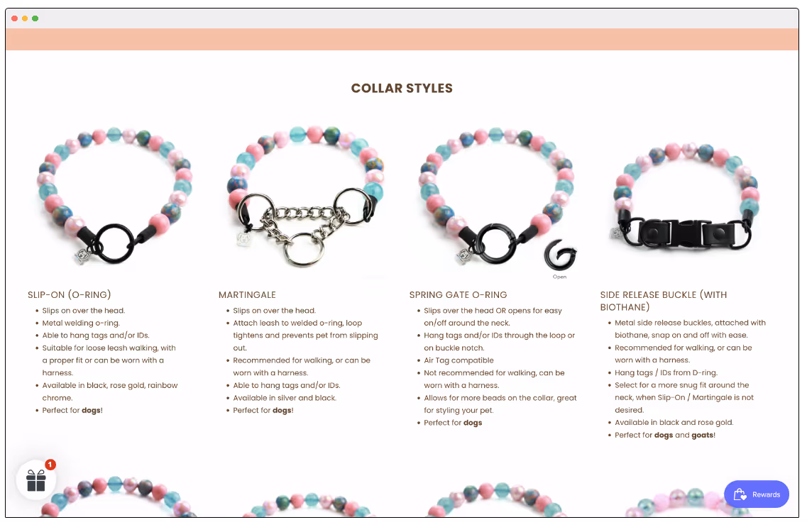 Screenshot of Product Info page, showing Collar Style section
