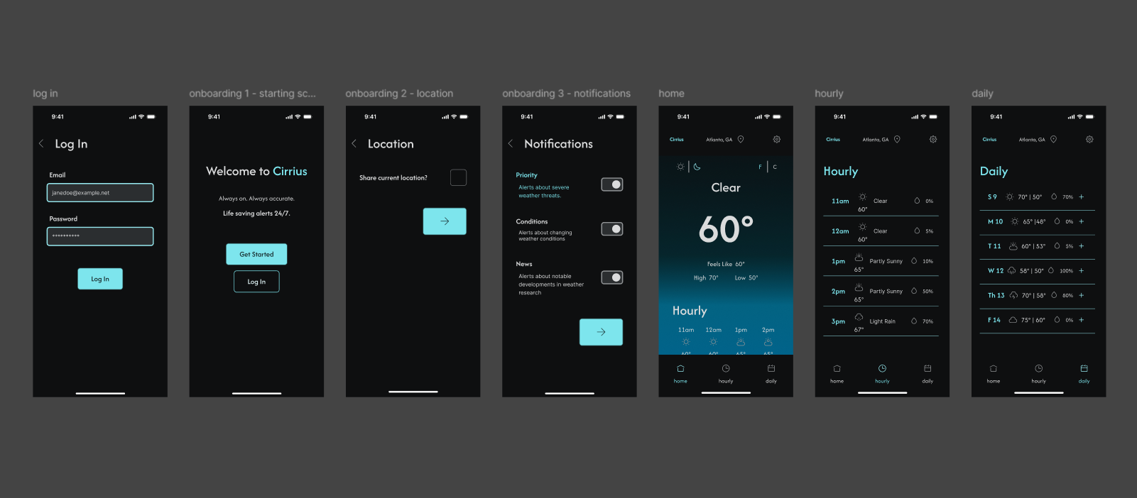 The final prototype for Cirrius in its default dark mode.