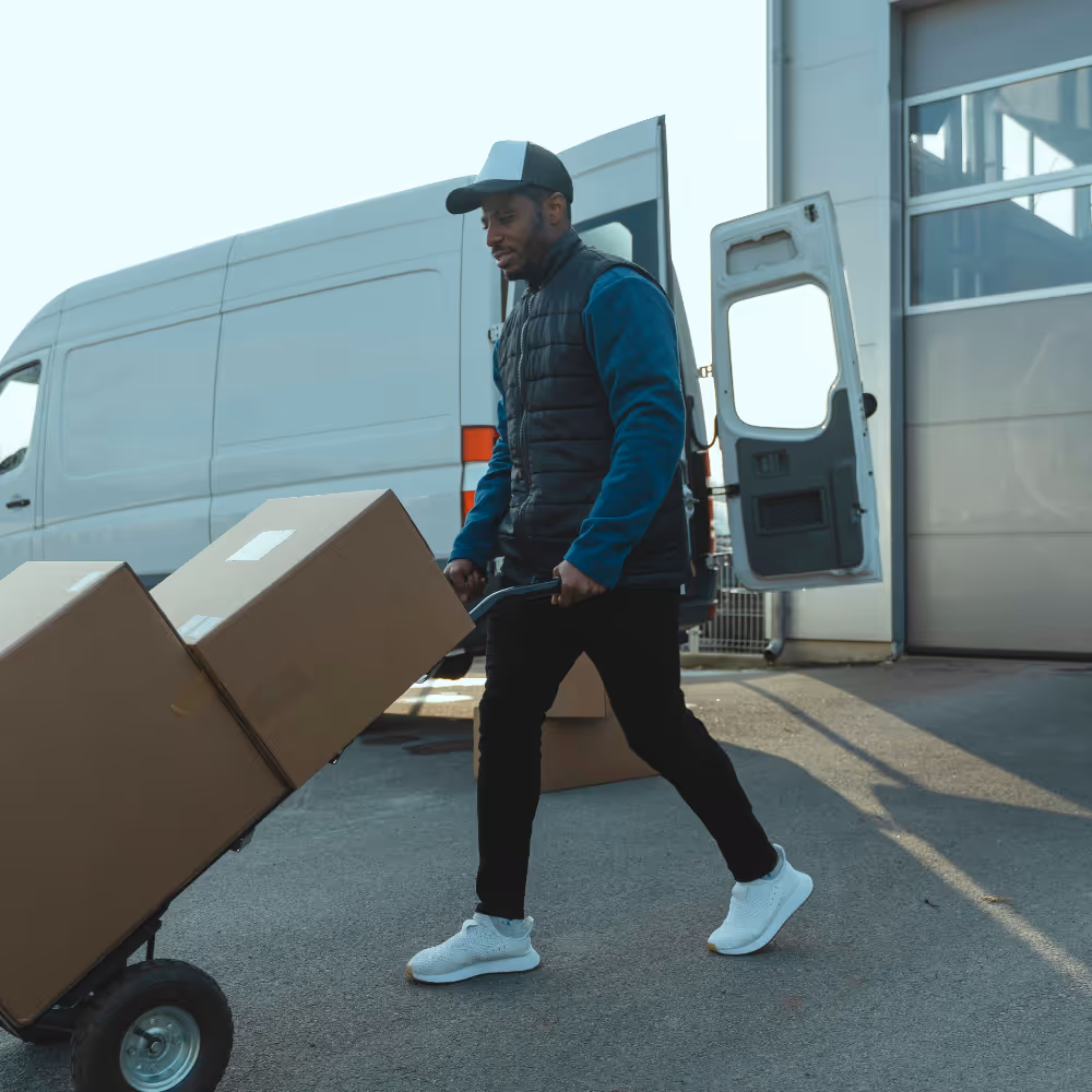 commercial delivery driver moving boxes