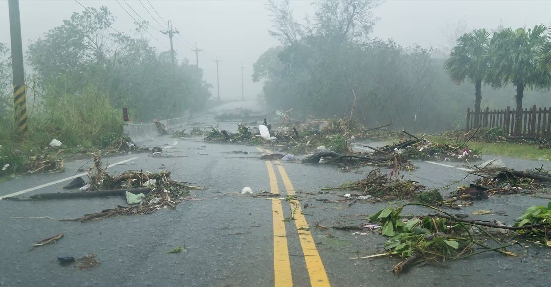 road covered in debris from storm