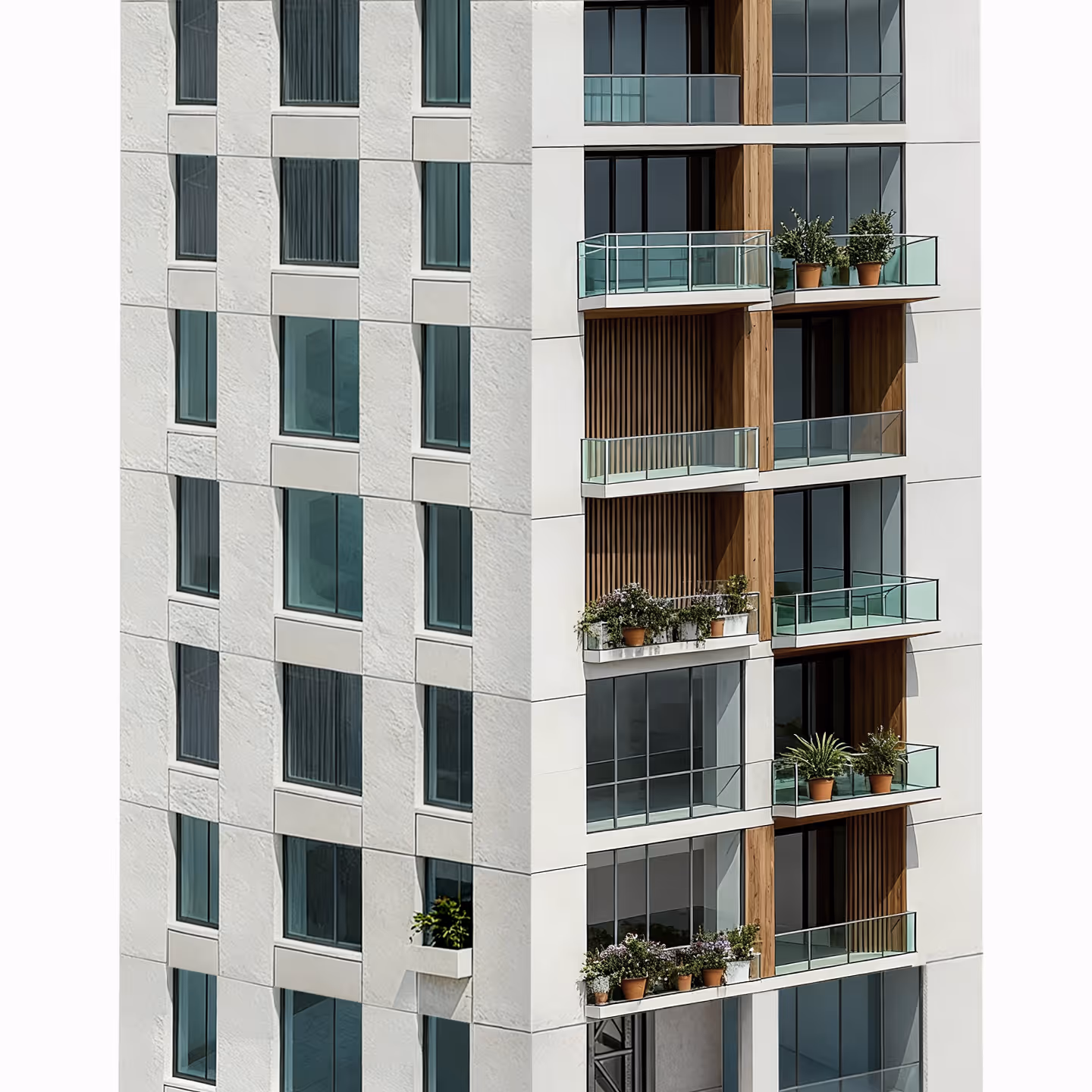 Modern apartment building corner with glass balconies and potted plants on some balconies and windowsills.