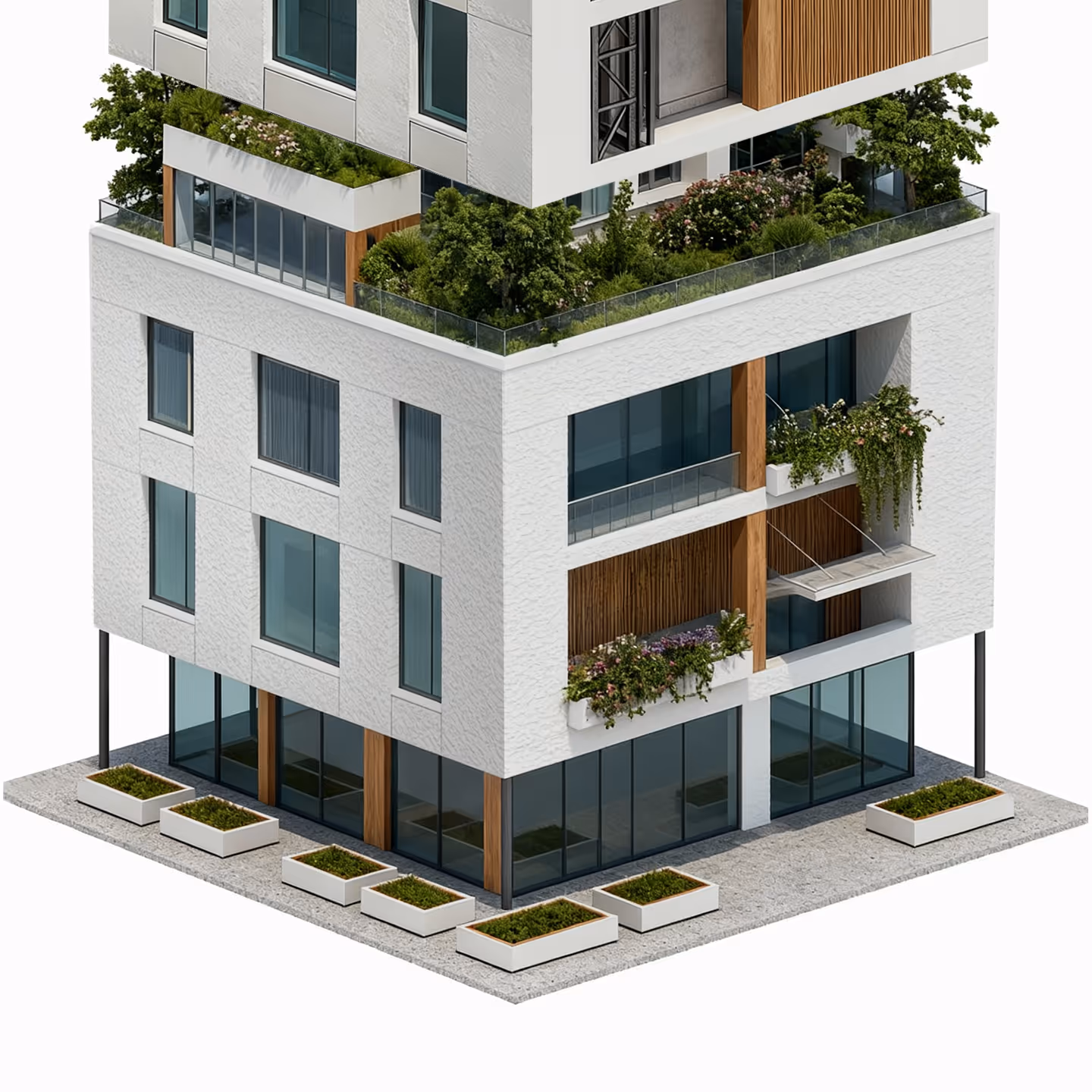 Modern multi-story building with large windows, wooden accents, and multiple green plants on balconies and rooftop garden.