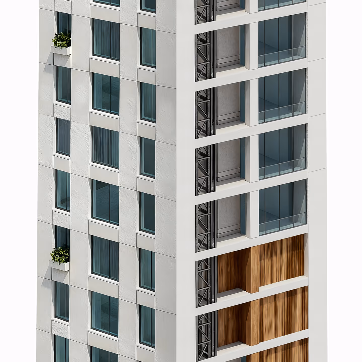 Section of a modern high-rise building featuring rows of windows with some containing planters and balconies with glass railings and wooden paneling.