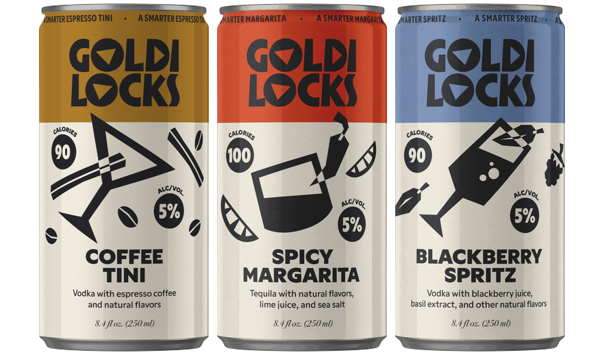 Goldilocks Coffee Tini, Spicy Margarita, and Blackberry Spritz canned cocktails side by side