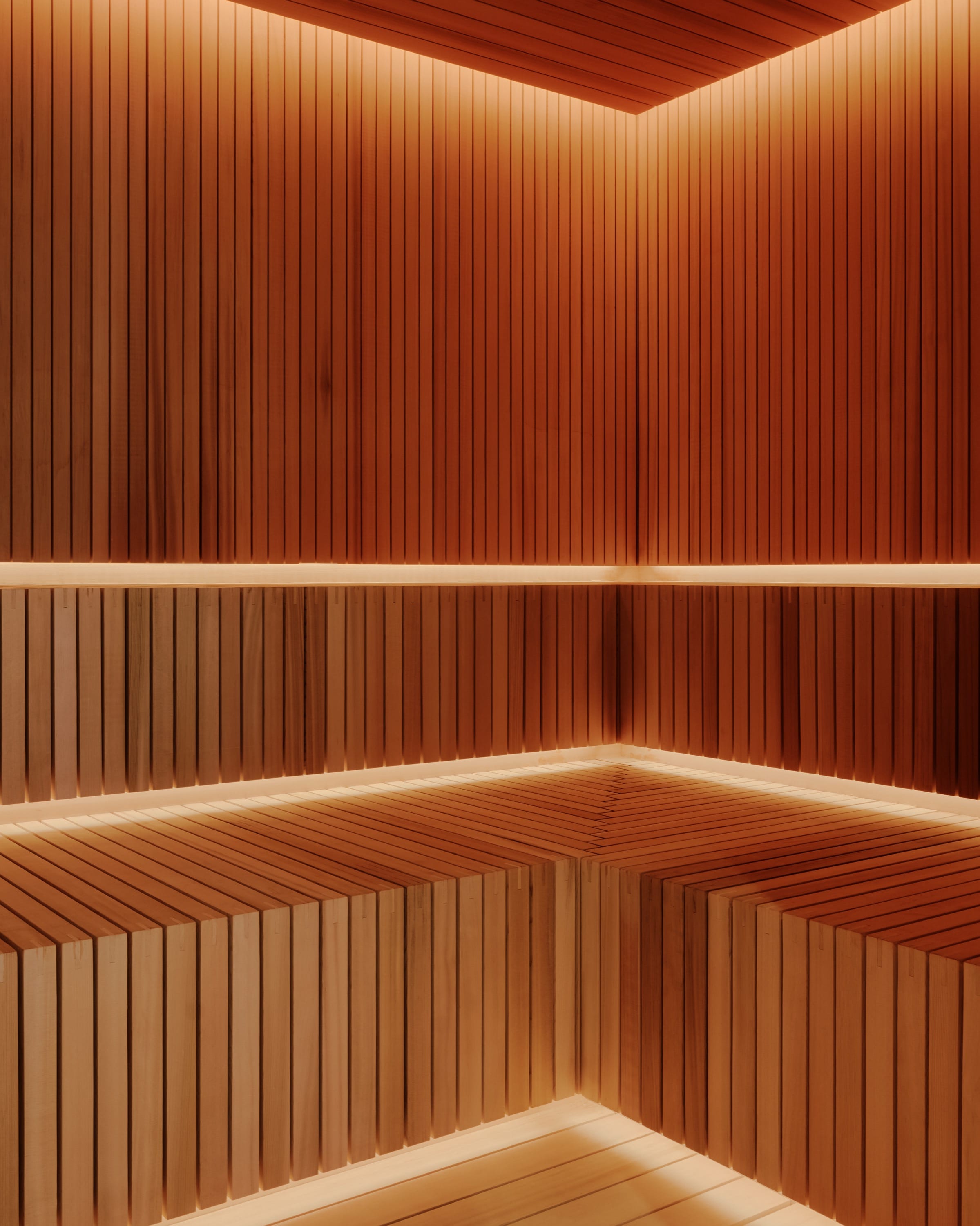 Wood-paneled lounge with built-in lighting.