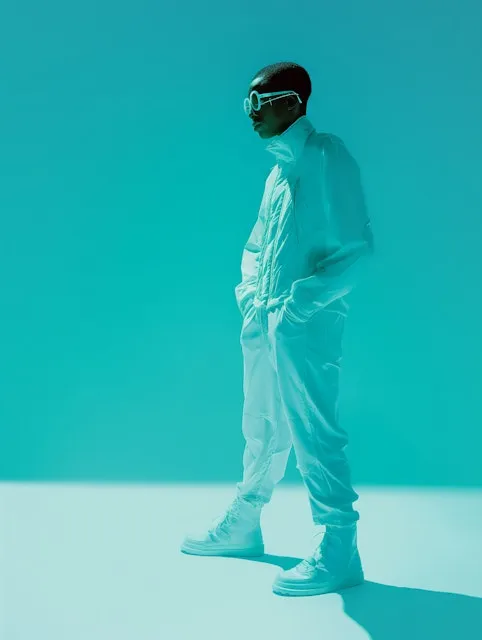 A man in a white suit and goggles.
