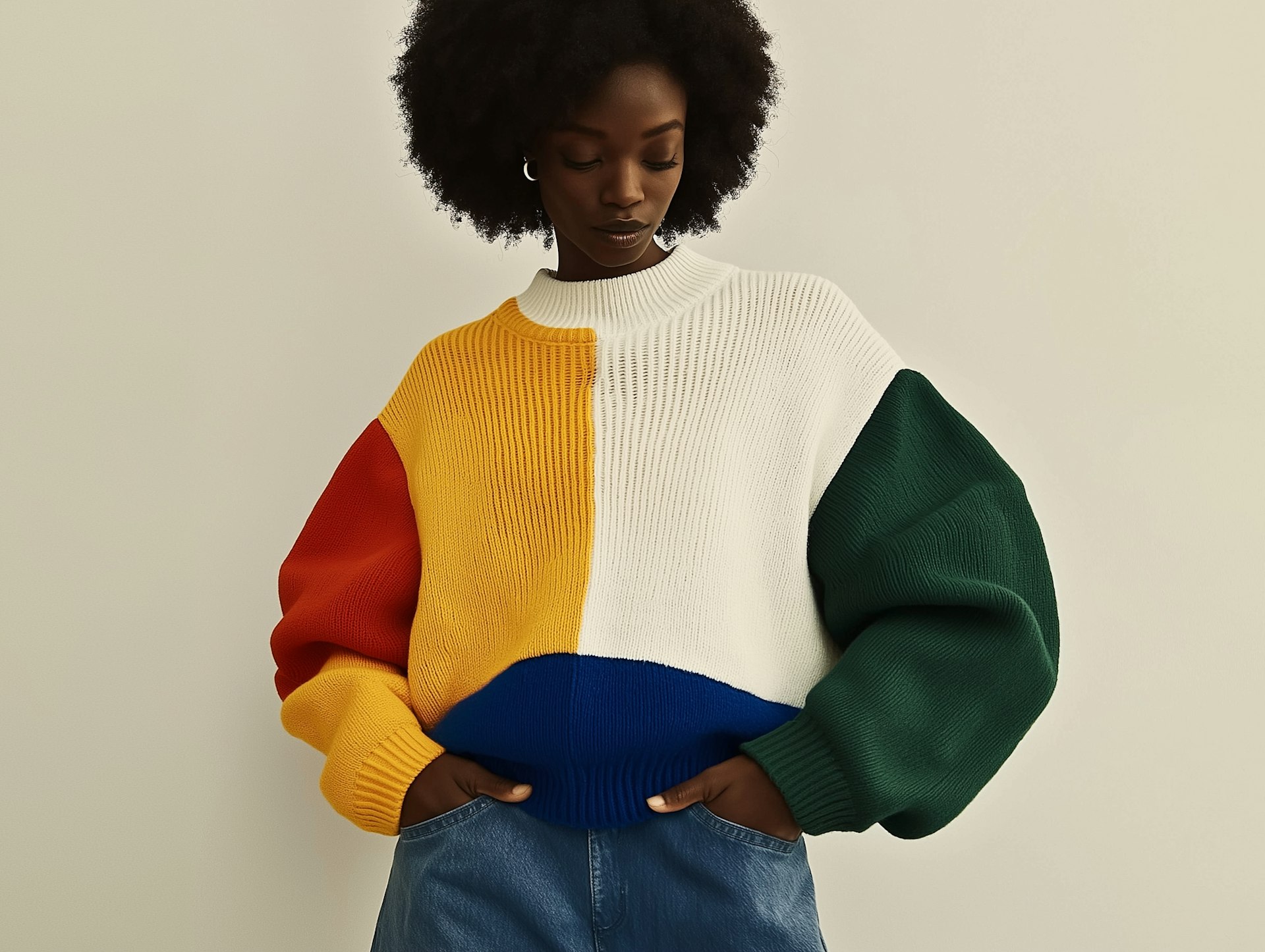 A woman wearing a multicolored sweater.
