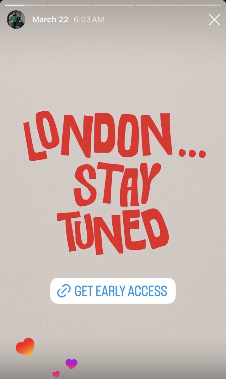 Davido Instagram story teasing a London show with a Laylo early access link