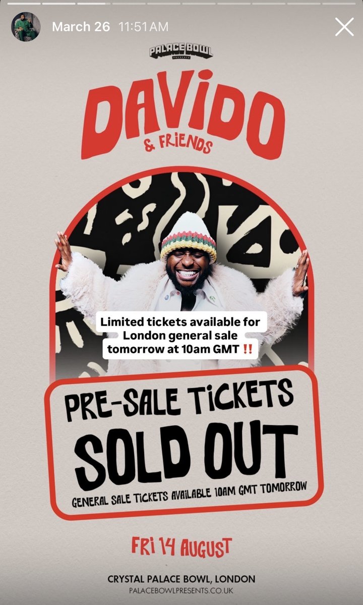 Davido and Friends presale tickets sold out graphic for Crystal Palace Bowl