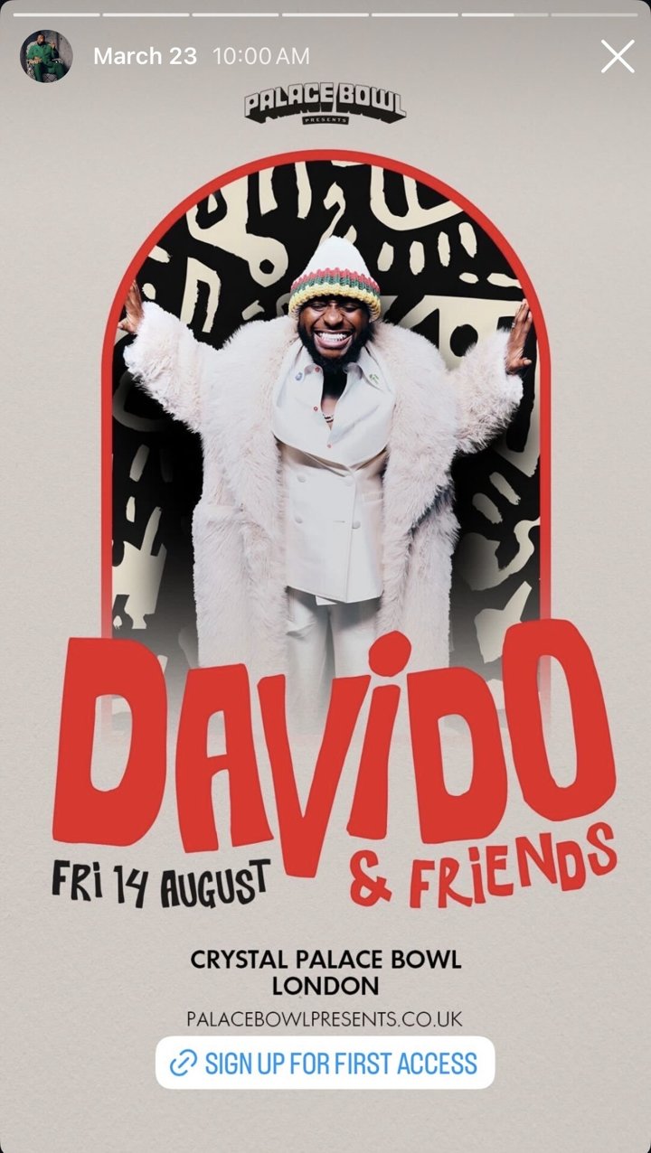 Davido and Friends Crystal Palace Bowl announcement with Laylo sign-up for first access
