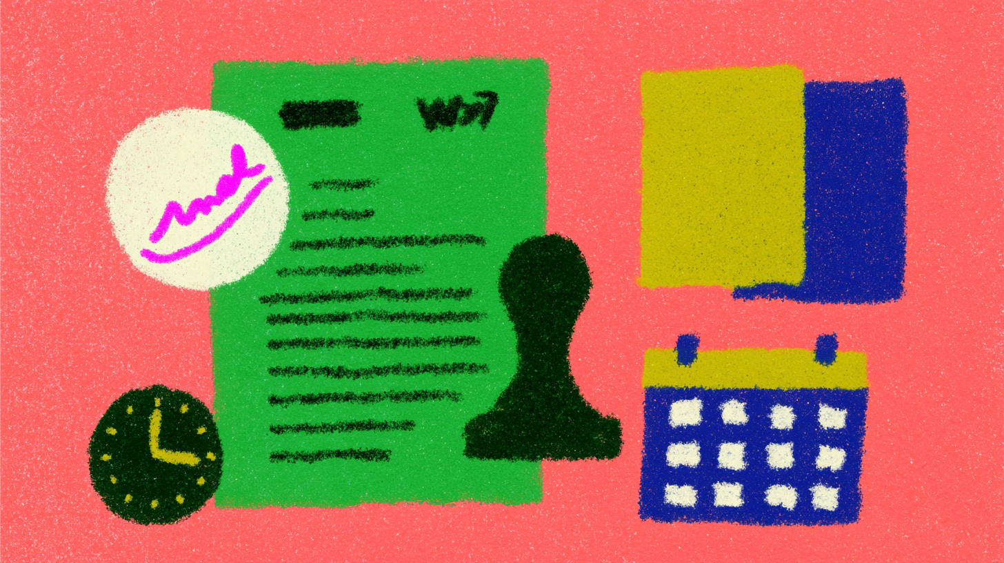 Ilustración de un formulario W-7 con una firma, un sello, un reloj y un calendario sobre fondo rosa.
