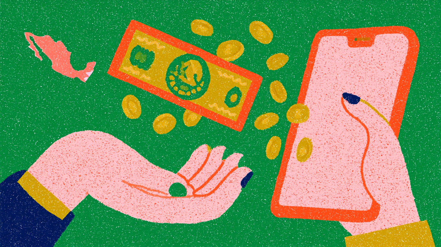 Ilustración de una mano recibiendo dinero enviado desde un teléfono móvil, con un billete y monedas y el mapa de México sobre fondo verde.