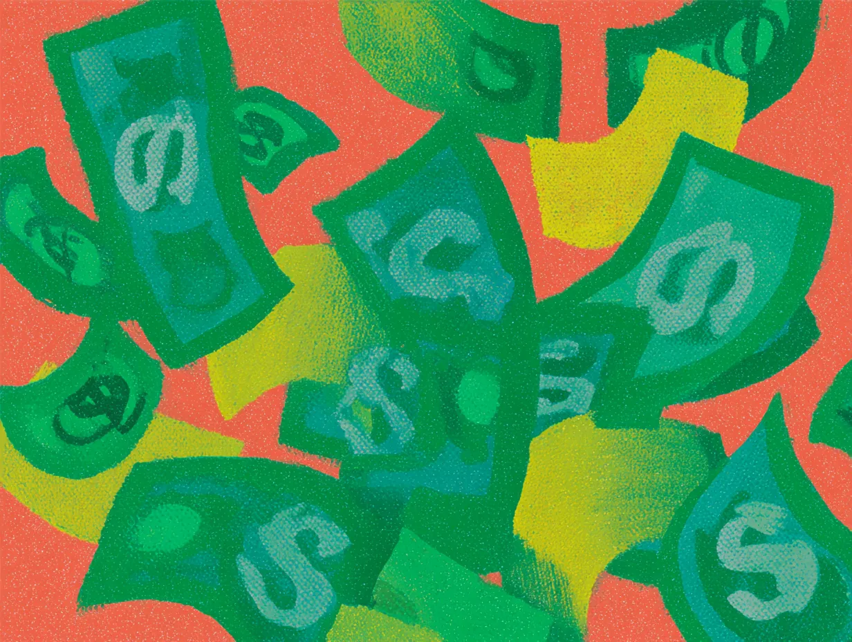 Ilustración de múltiples billetes de dólar en verde y amarillo cayendo en distintas direcciones sobre fondo rojo.