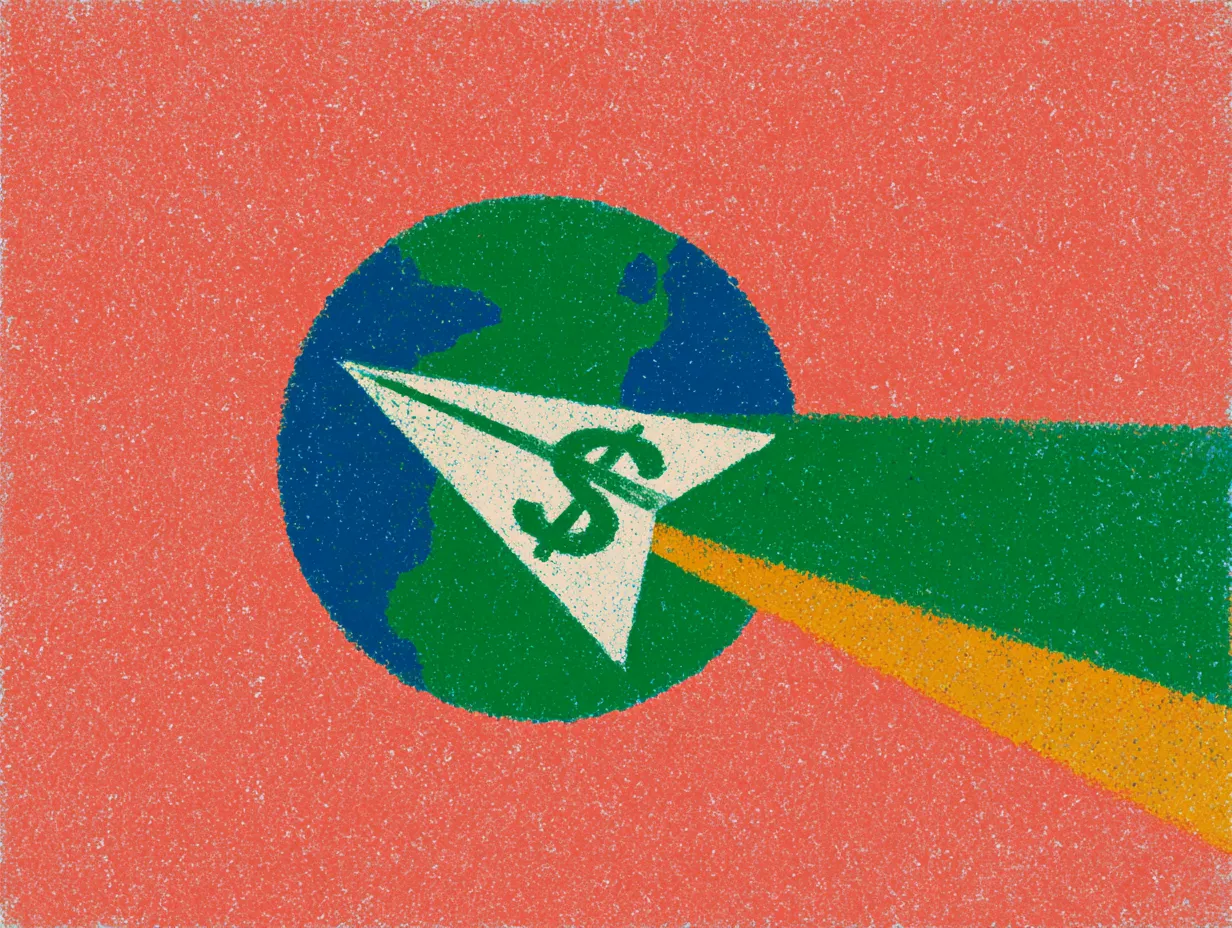 Ilustración de un avión de papel con símbolo de dólar volando frente a un globo terráqueo sobre fondo rojo coral.