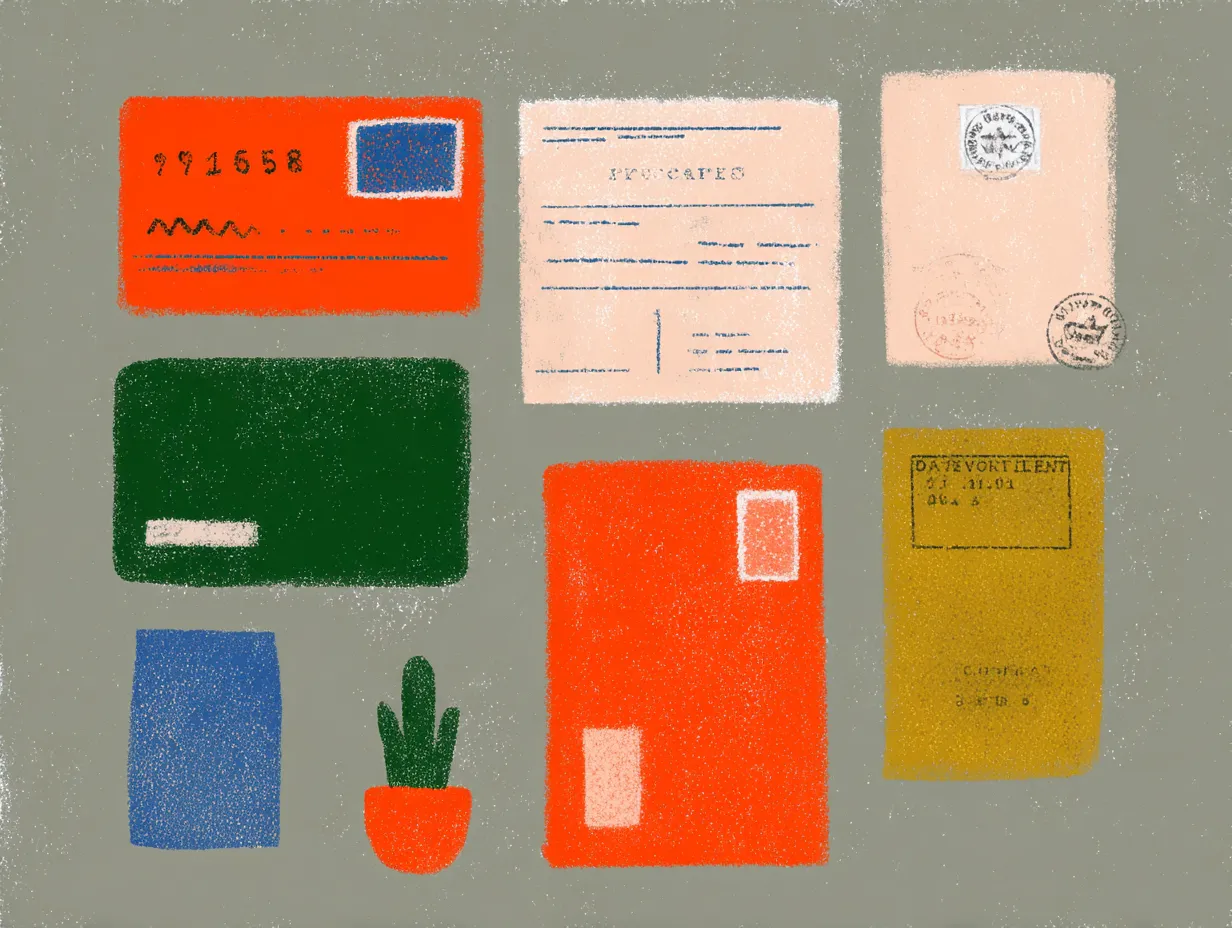Ilustración de documentos de identidad, sobres sellados, pasaporte amarillo y un cactus esparcidos sobre fondo gris.