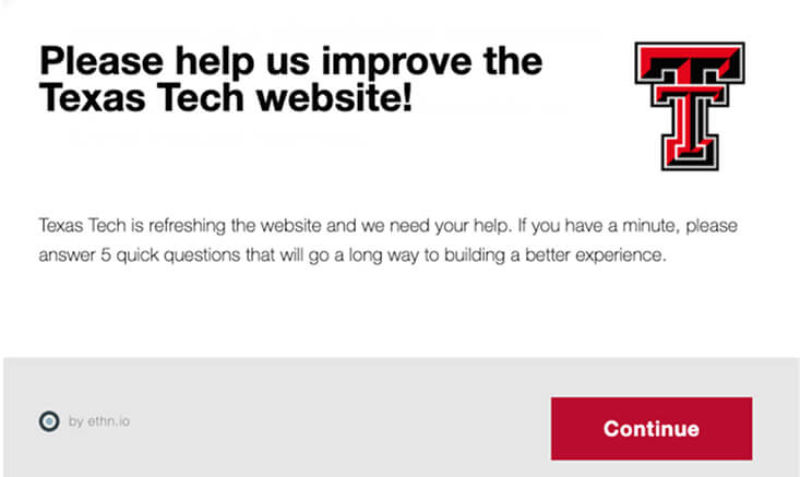 Screenshot of the Ethnio survey popup that asks visitors to please help us improve the site by taking the survey.