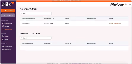 Insurance endorsement software interface showing policy info, status, and endorsement actions.