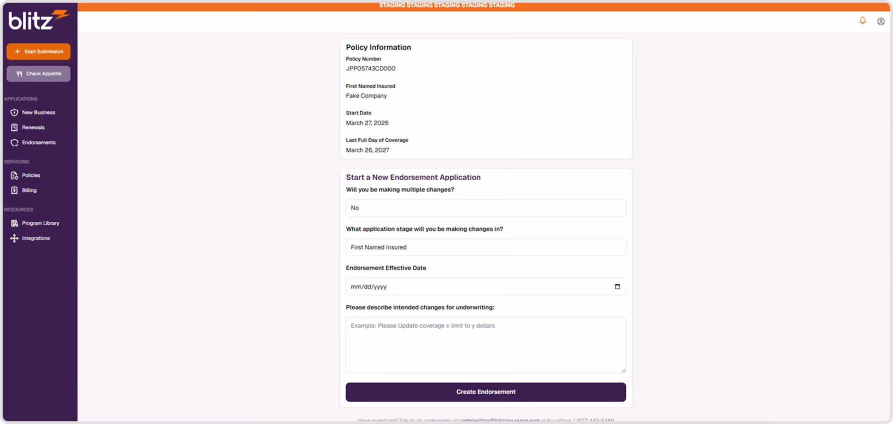 Insurance policy details and new endorsement application form on Blitz insurance platform interface.