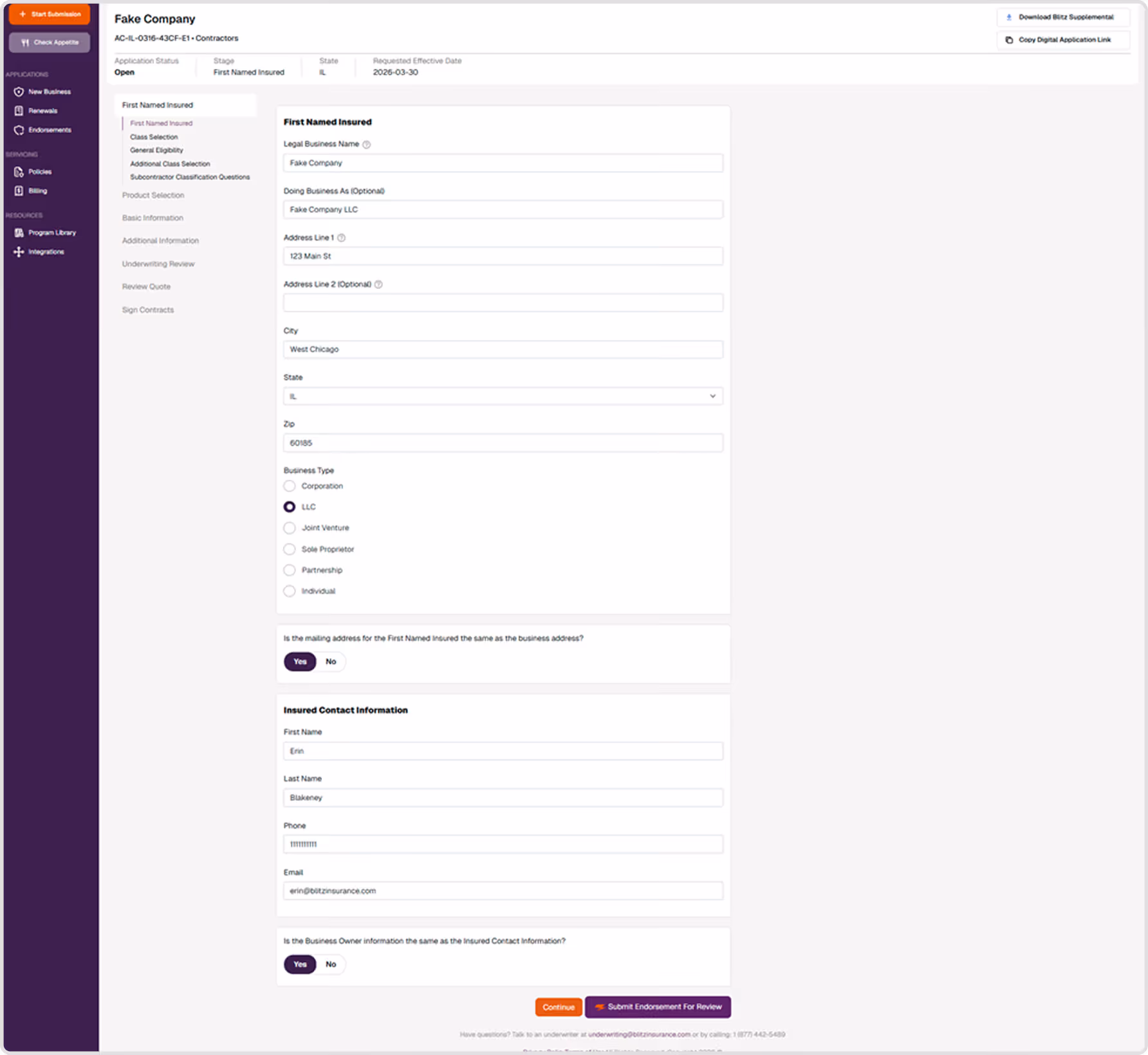 Insurance application form for Fake Company LLC with business details, contact info, and submission buttons.