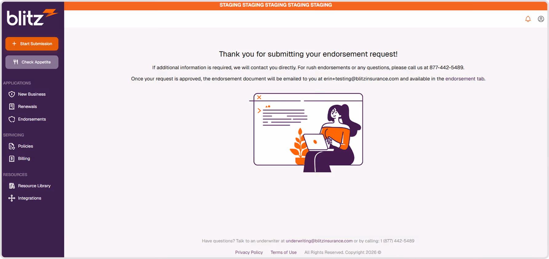 Blitz app screen thanking user for submitting endorsement with contact info and email details.